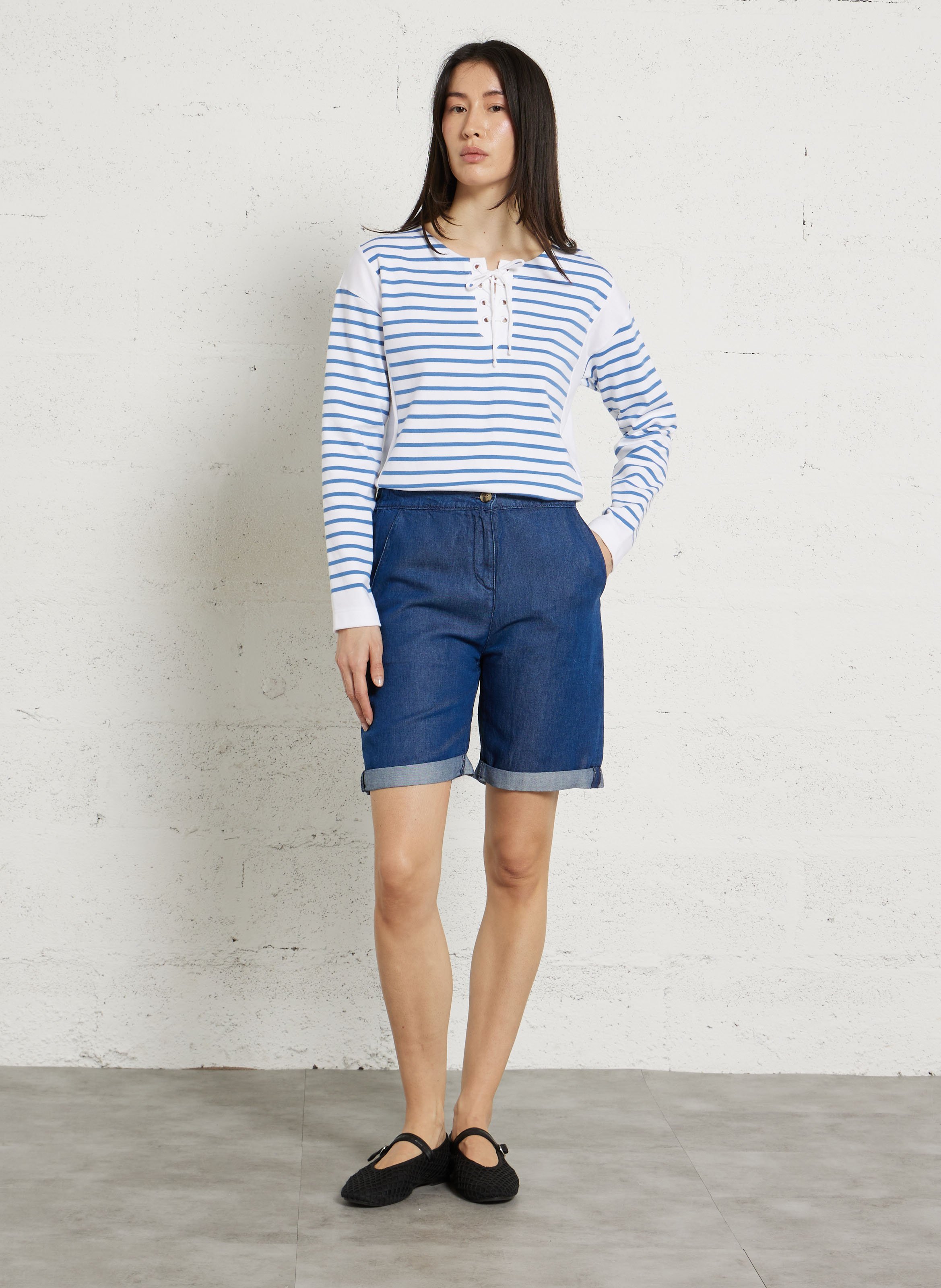 Top droit col rond en coton rayé ARMOR LUX Blanc