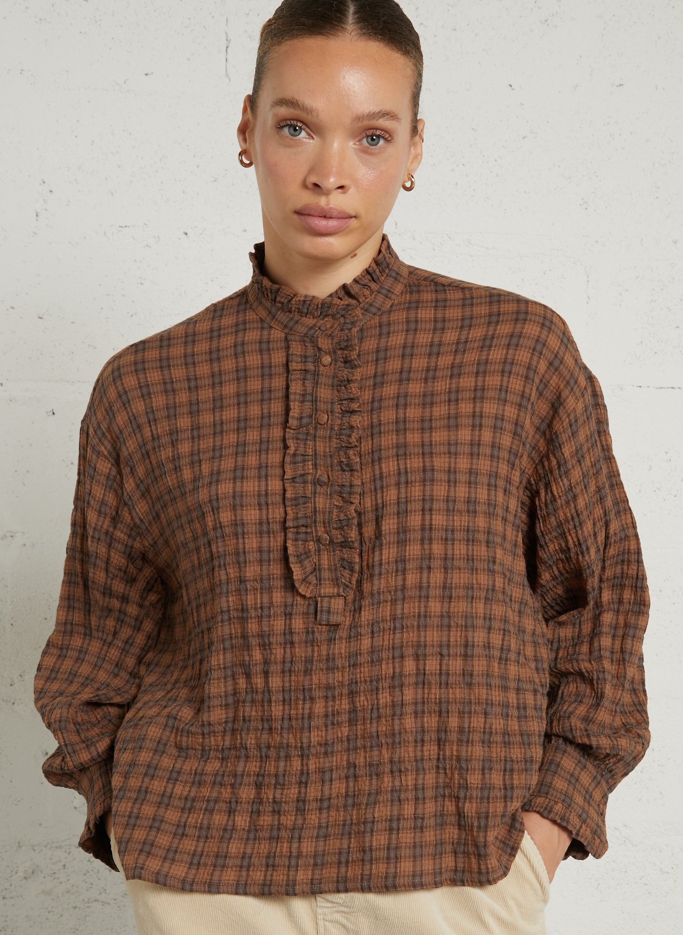 Blouse met Victoriaanse kraag van katoen JC SOPHIE Bruin