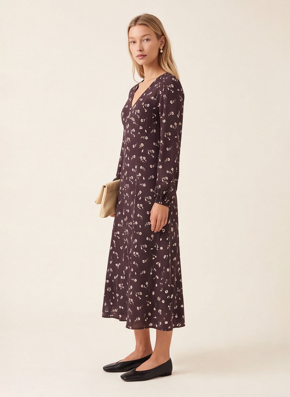 Long fitted printed V-neck dress KOOKAI Brown
