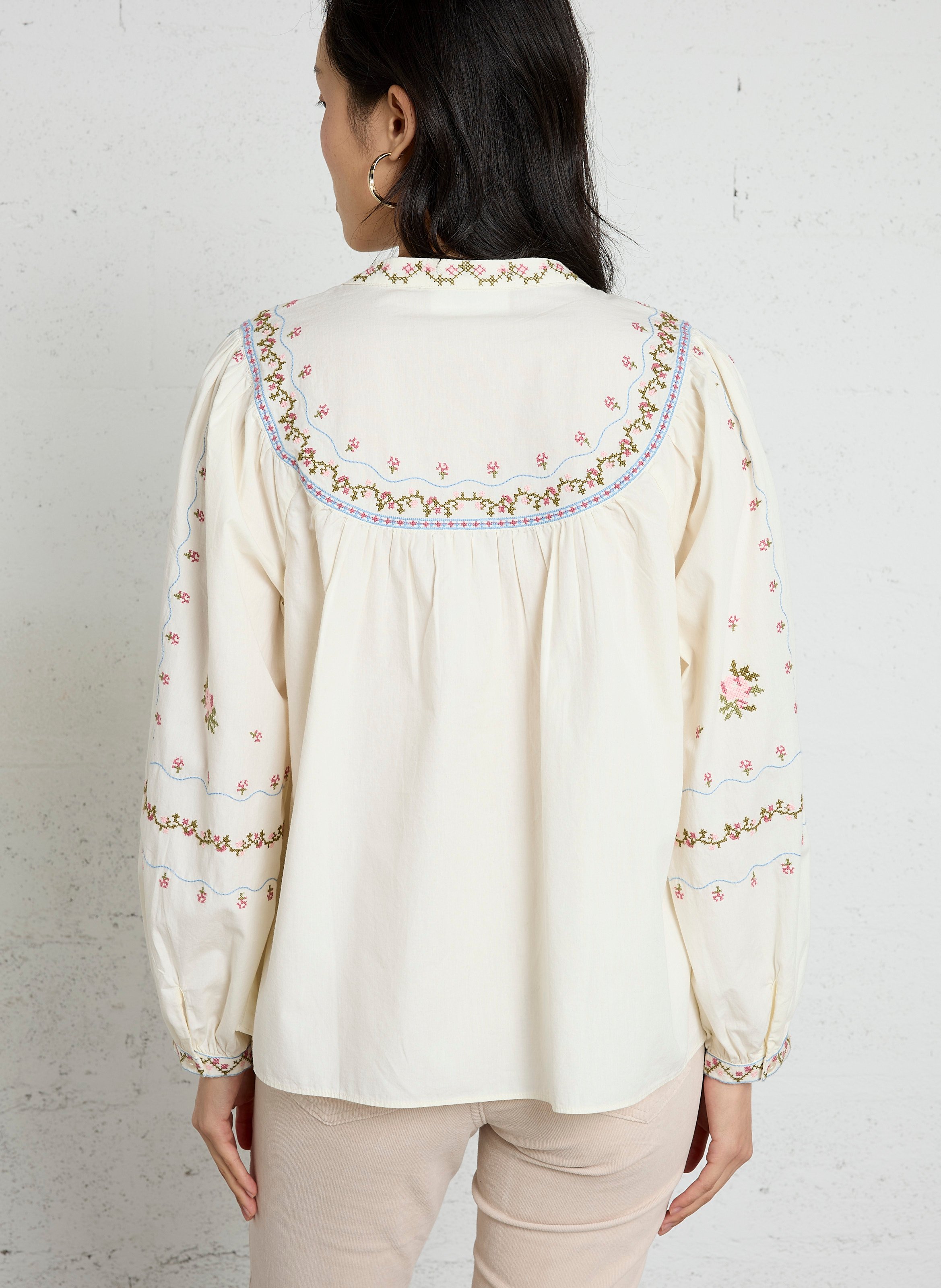 Chemisier ample col rond à broderie fleurie en coton SUD EXPRESS Blanc