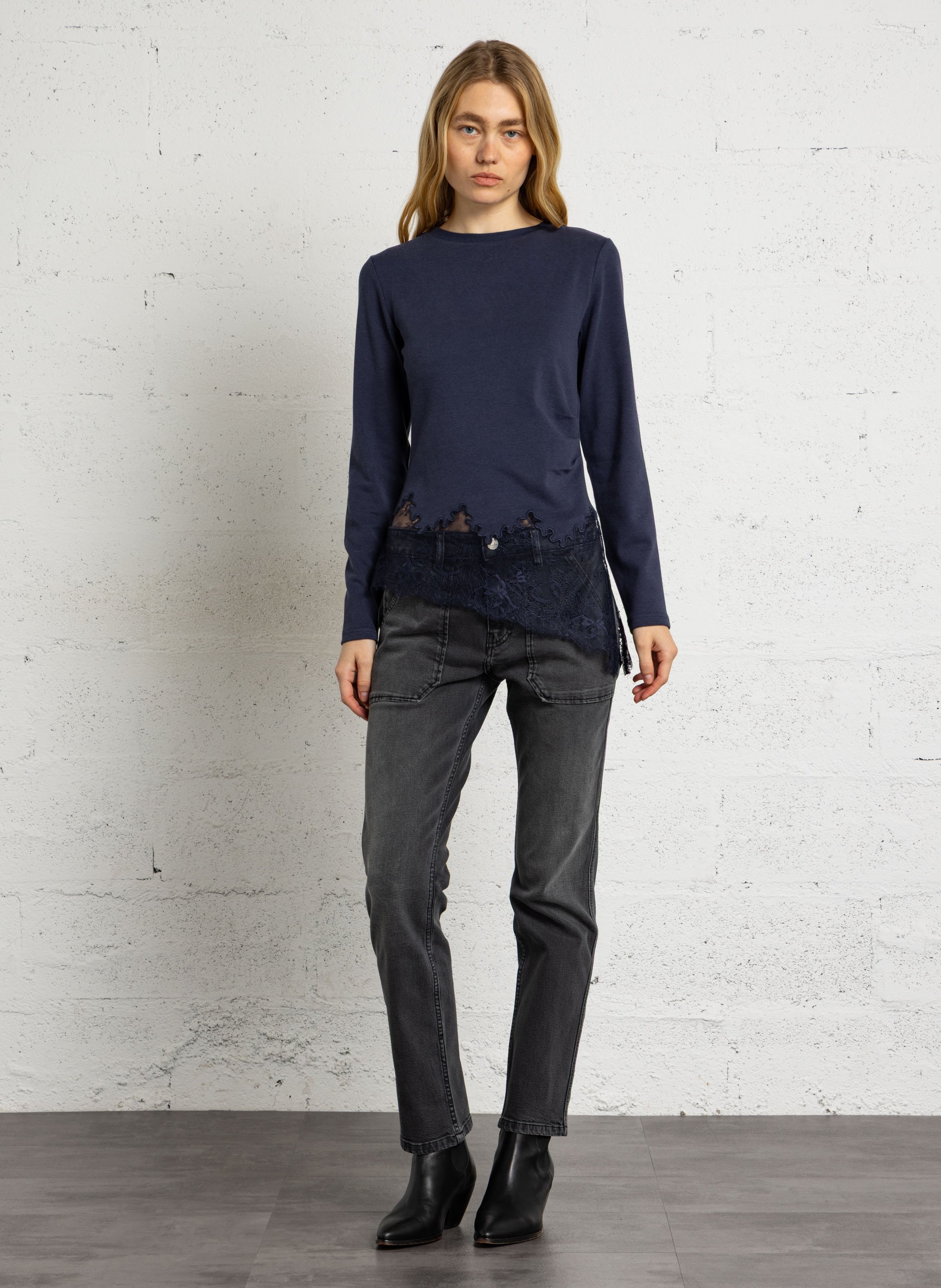 Asymmetric cotton top with lace detail BERENICE Blue