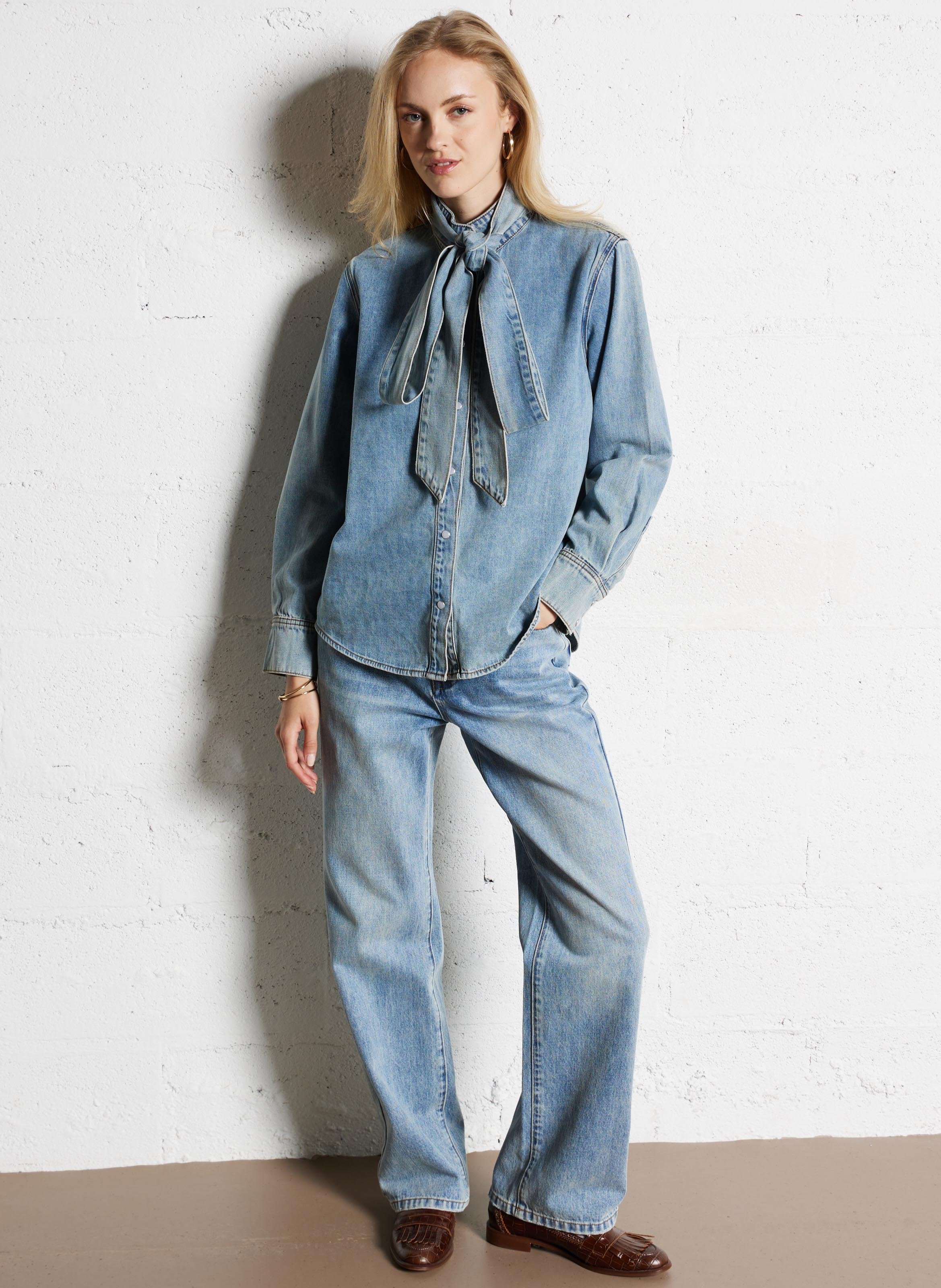 Blouse droite à écharpe en denim SUNCOO Bleu