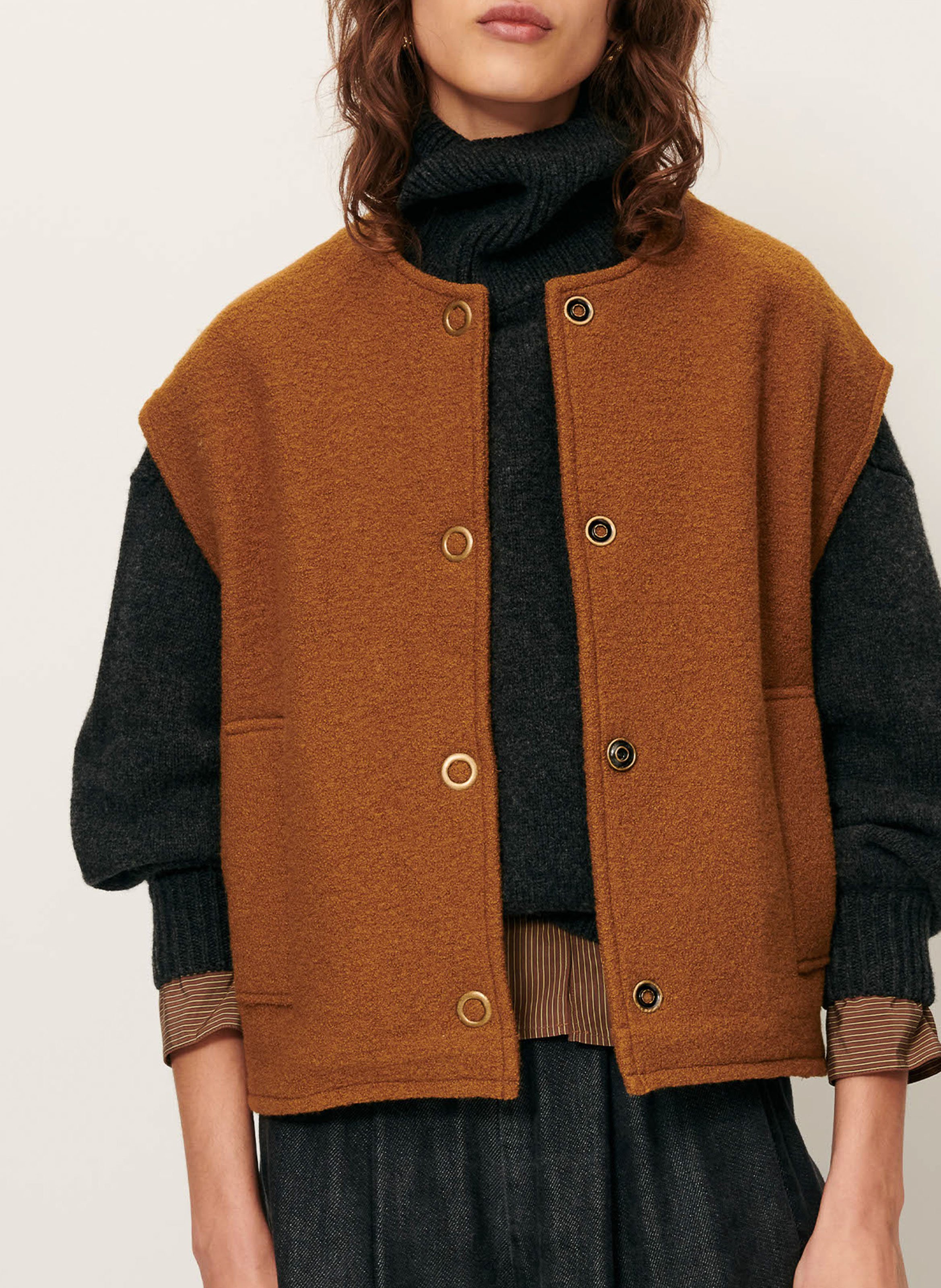Straight round-neck wool cardigan SESSUN Brown