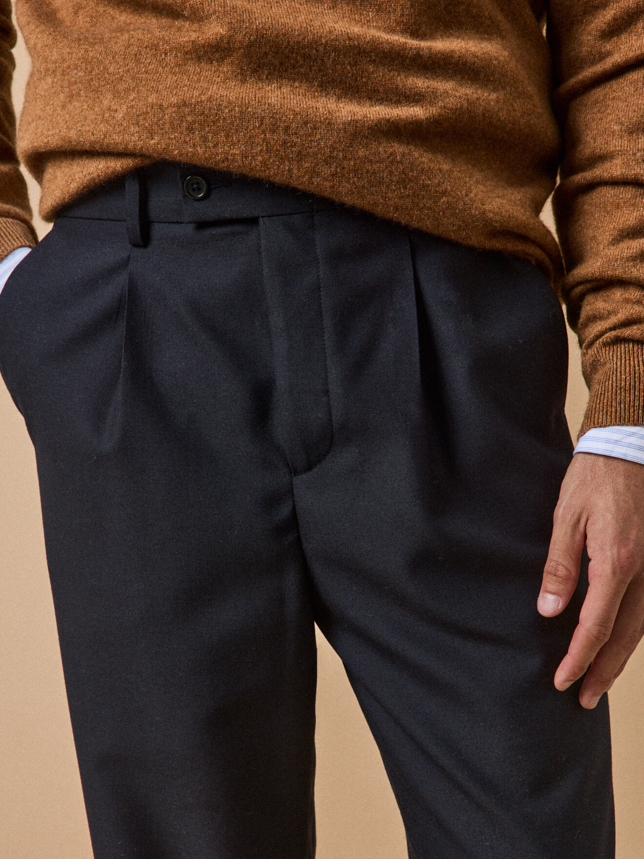 Solid Wool Pleated Trousers Blue