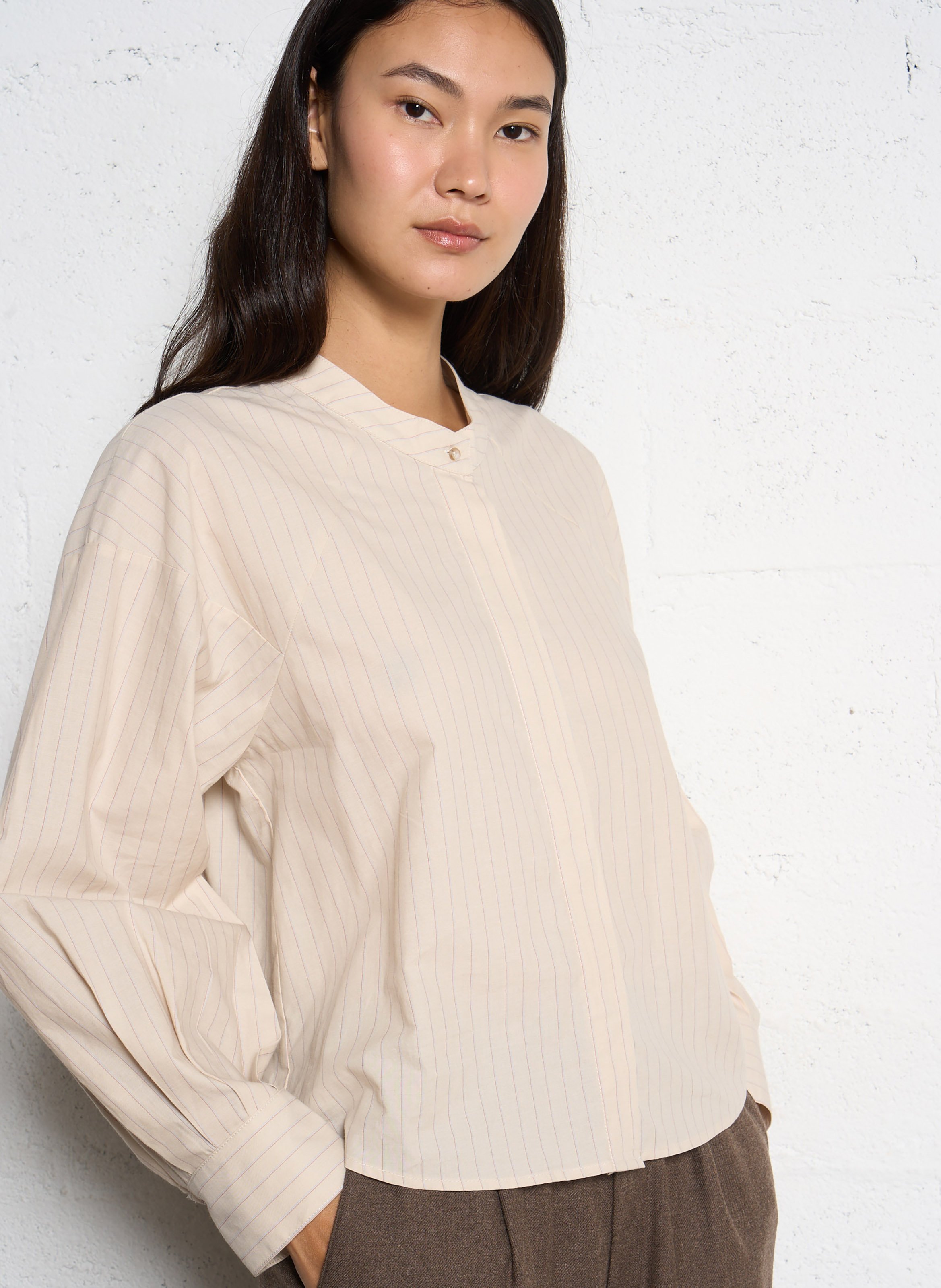 Short loose blouse with fine stripes SACRECOEUR Beige