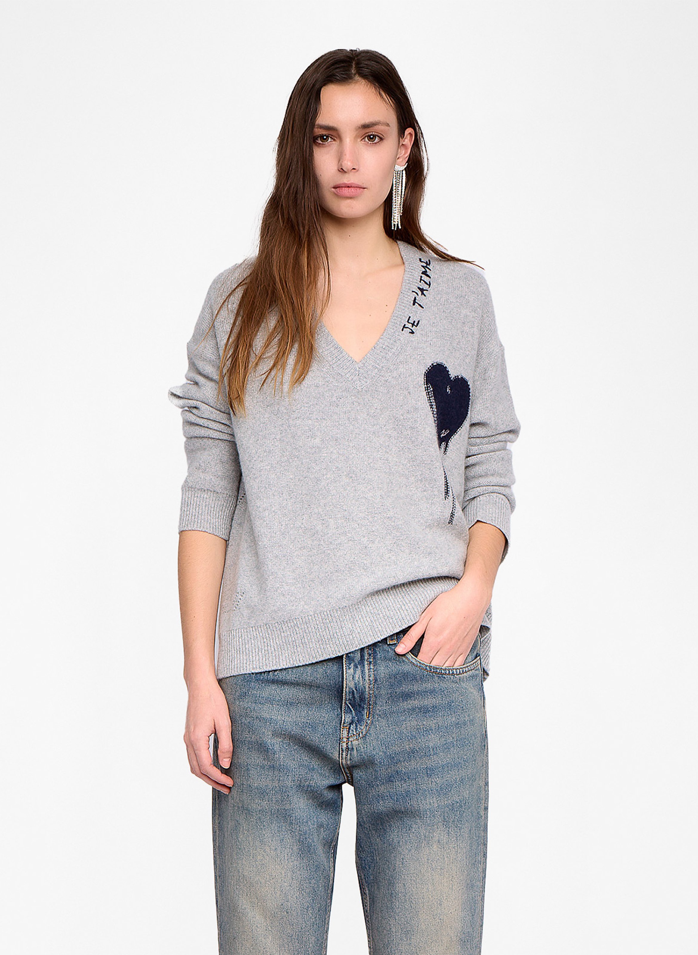 Pull droit col V en cachemire imprimé ZADIG&VOLTAIRE Gris