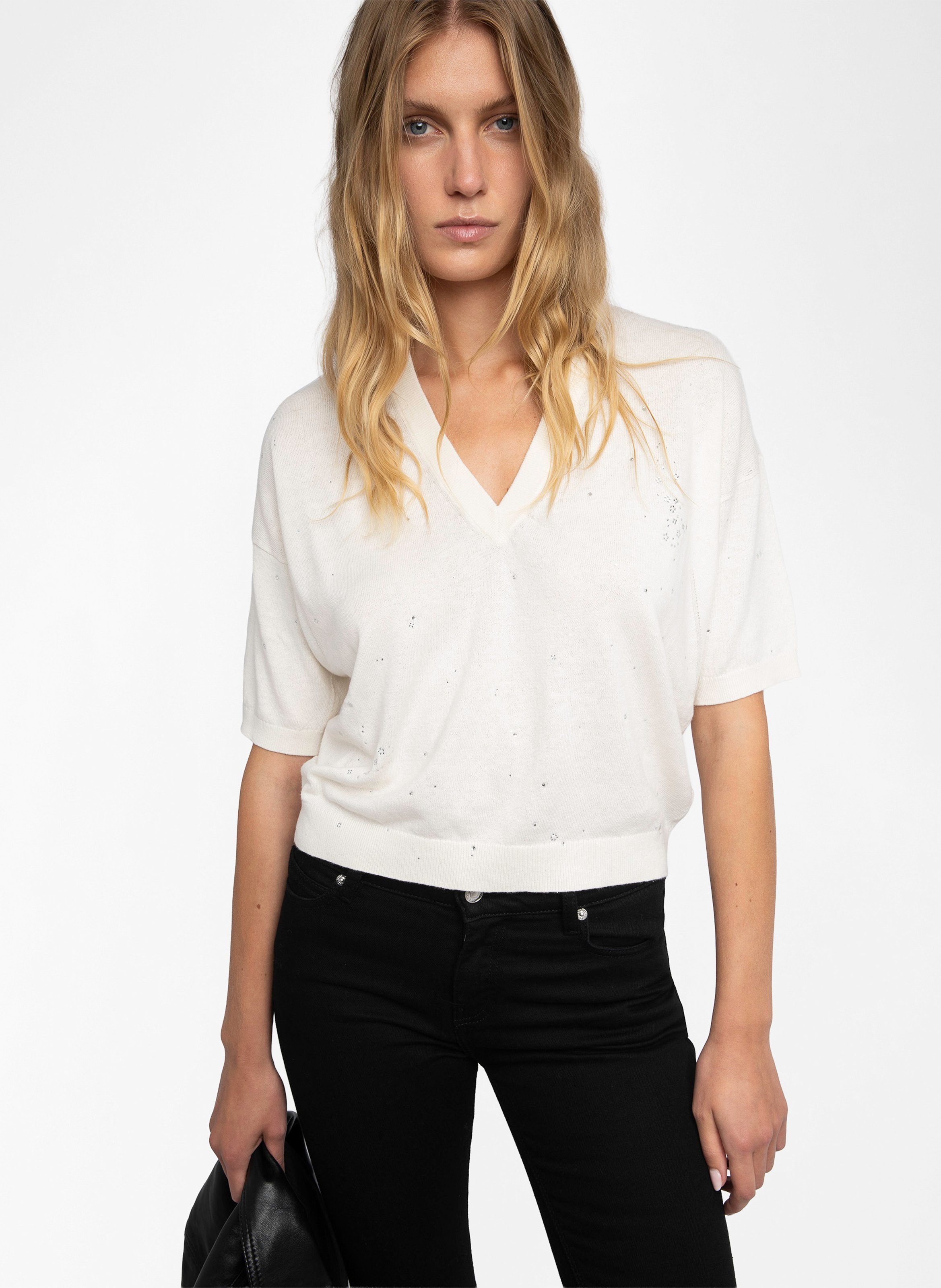 Top col V en lin et en coton mélangés ZADIG&VOLTAIRE Blanc