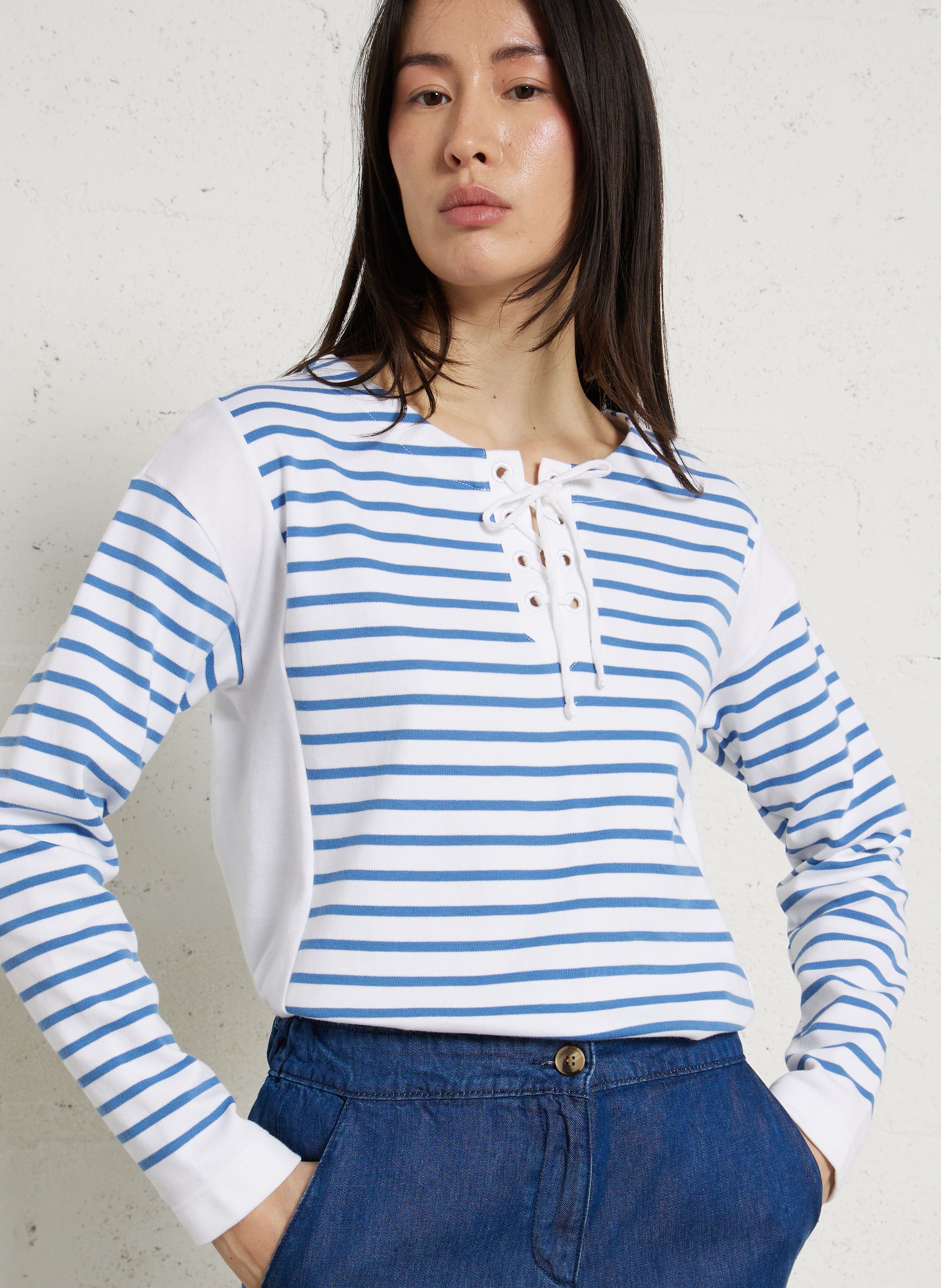 Top droit col rond en coton rayé ARMOR LUX Blanc