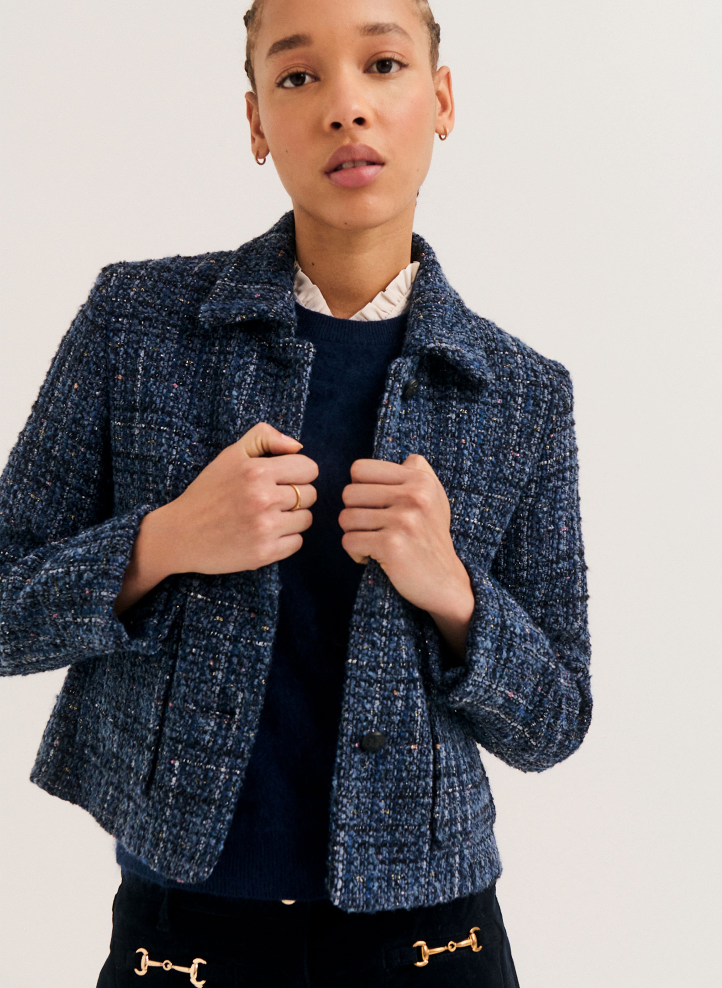 Rechte knoopsluiting jasje in tweed PABLO Blauw