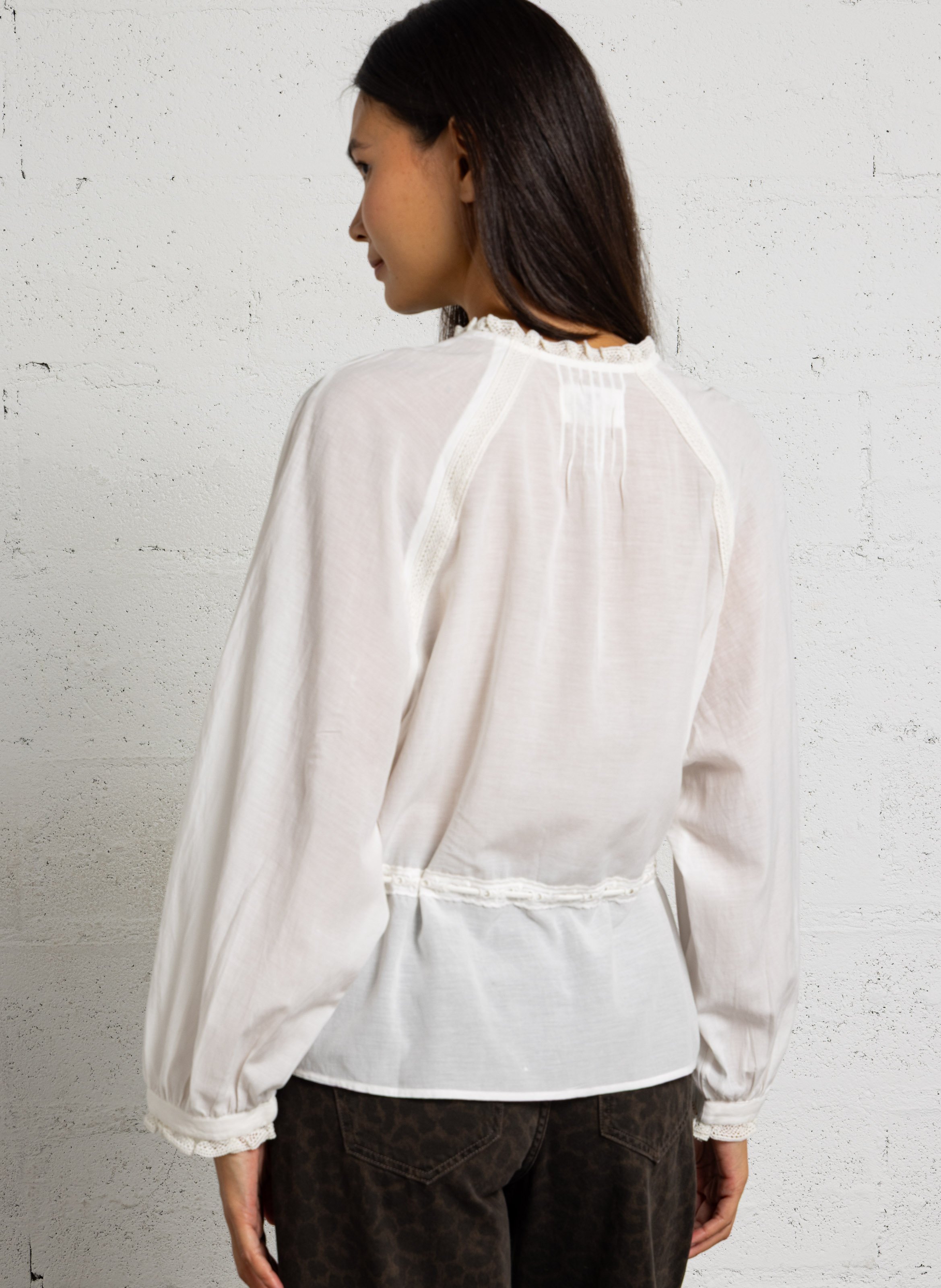 Blouse ample col brodé en coton mélangé DES PETITS HAUTS Beige