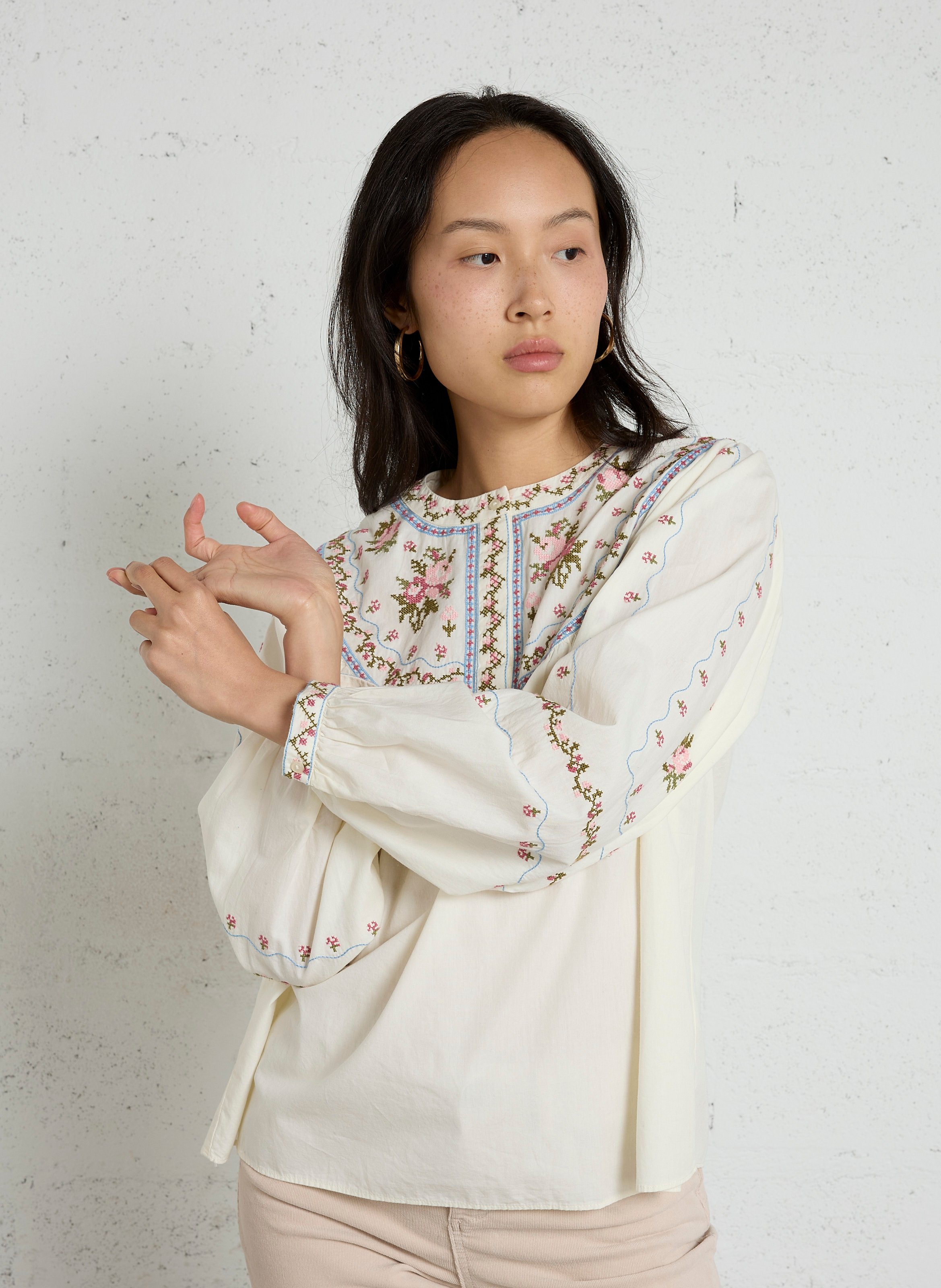 Chemisier ample col rond à broderie fleurie en coton SUD EXPRESS Blanc