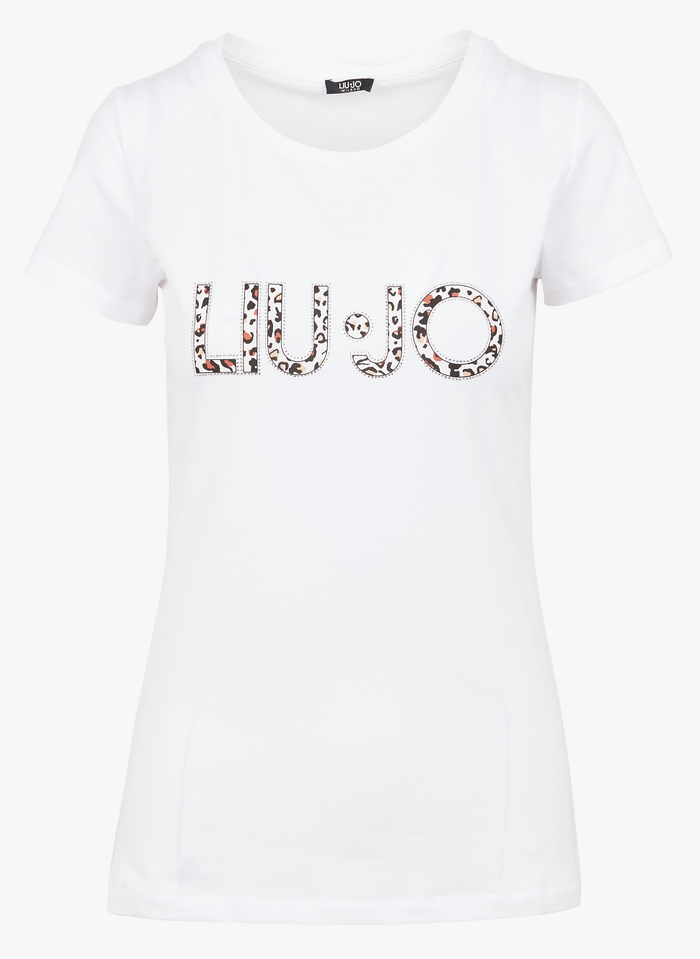 Camiseta De Algodón Elástico Con Cuello Redondo Y Strass Bco Natural Leopard Liu Jo - | Place des Tendances
