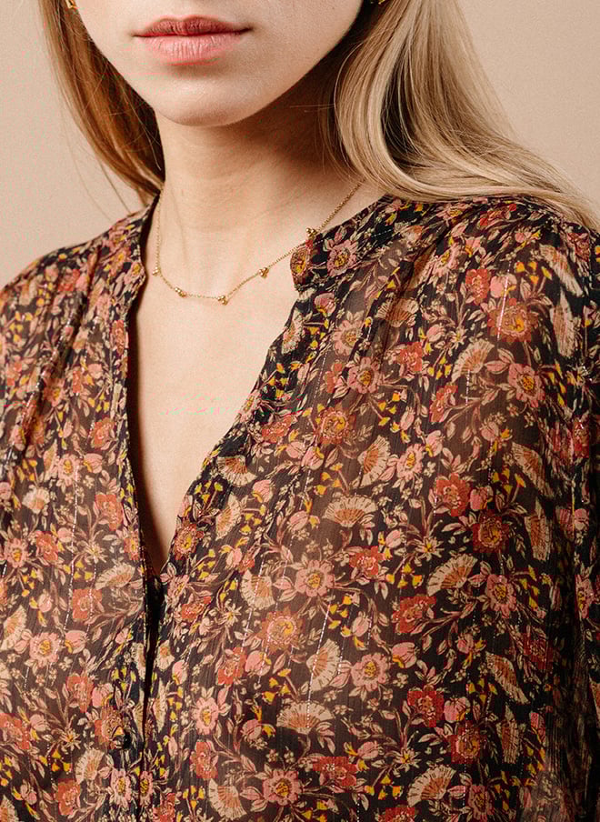 Gerade geschnittene Bluse mit V-Ausschnitt und Print Schwarz