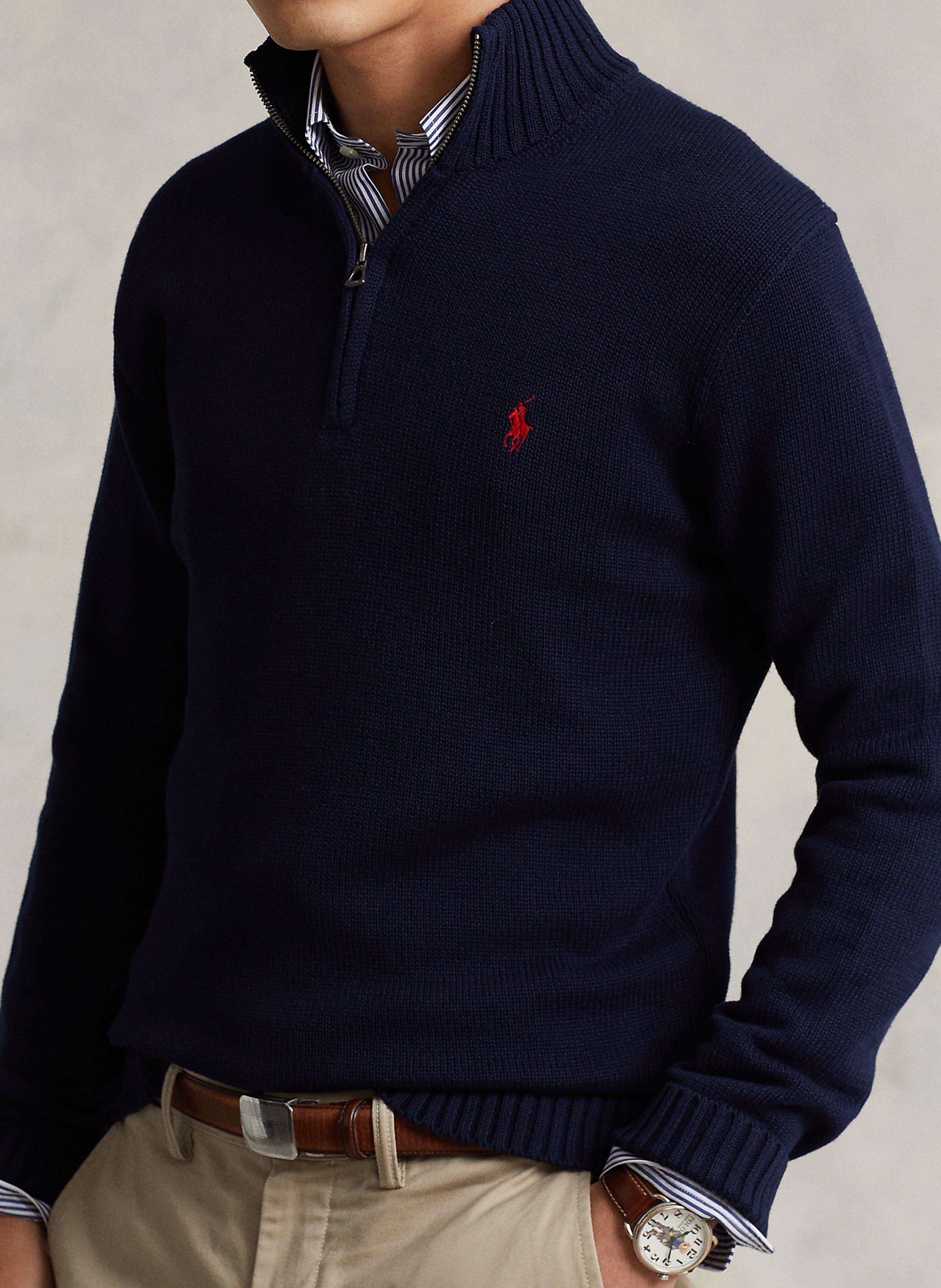 Cotton sweater with zip-up neck Blue