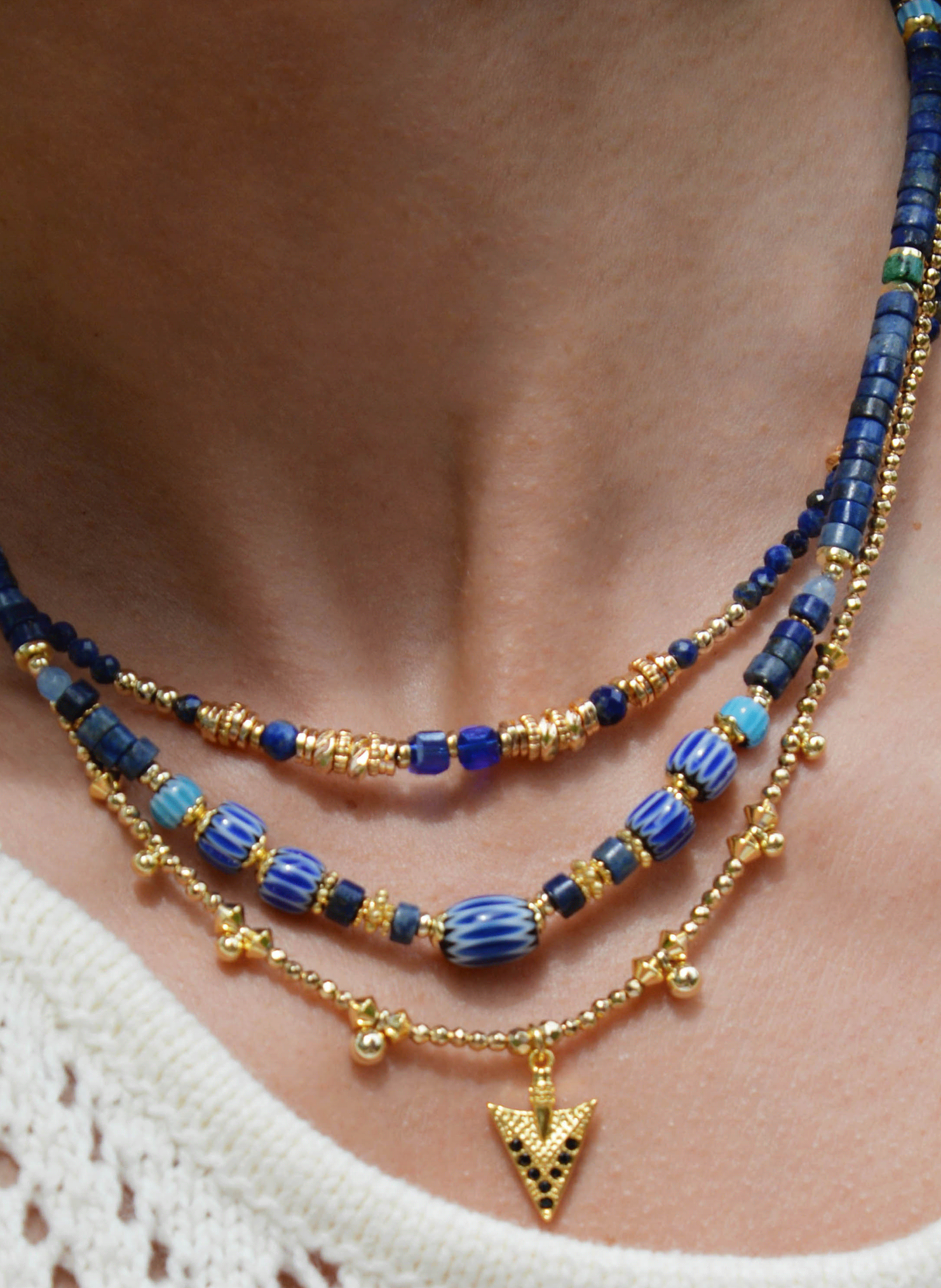 Multilayer necklace with pearls and sequins HIPANEMA Blue