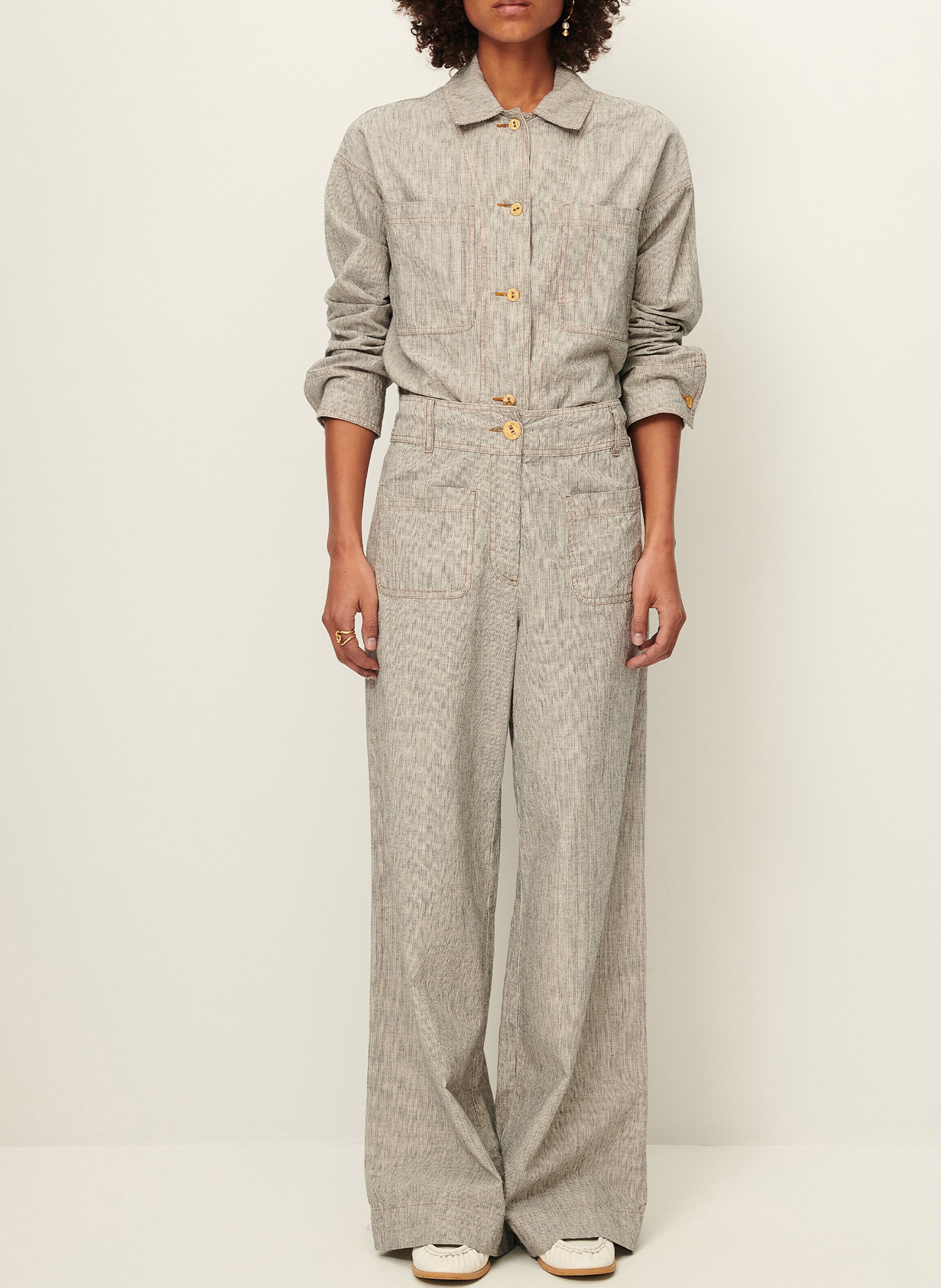 High-waisted wide-leg linen- and cotton-blend pants SESSUN Grey