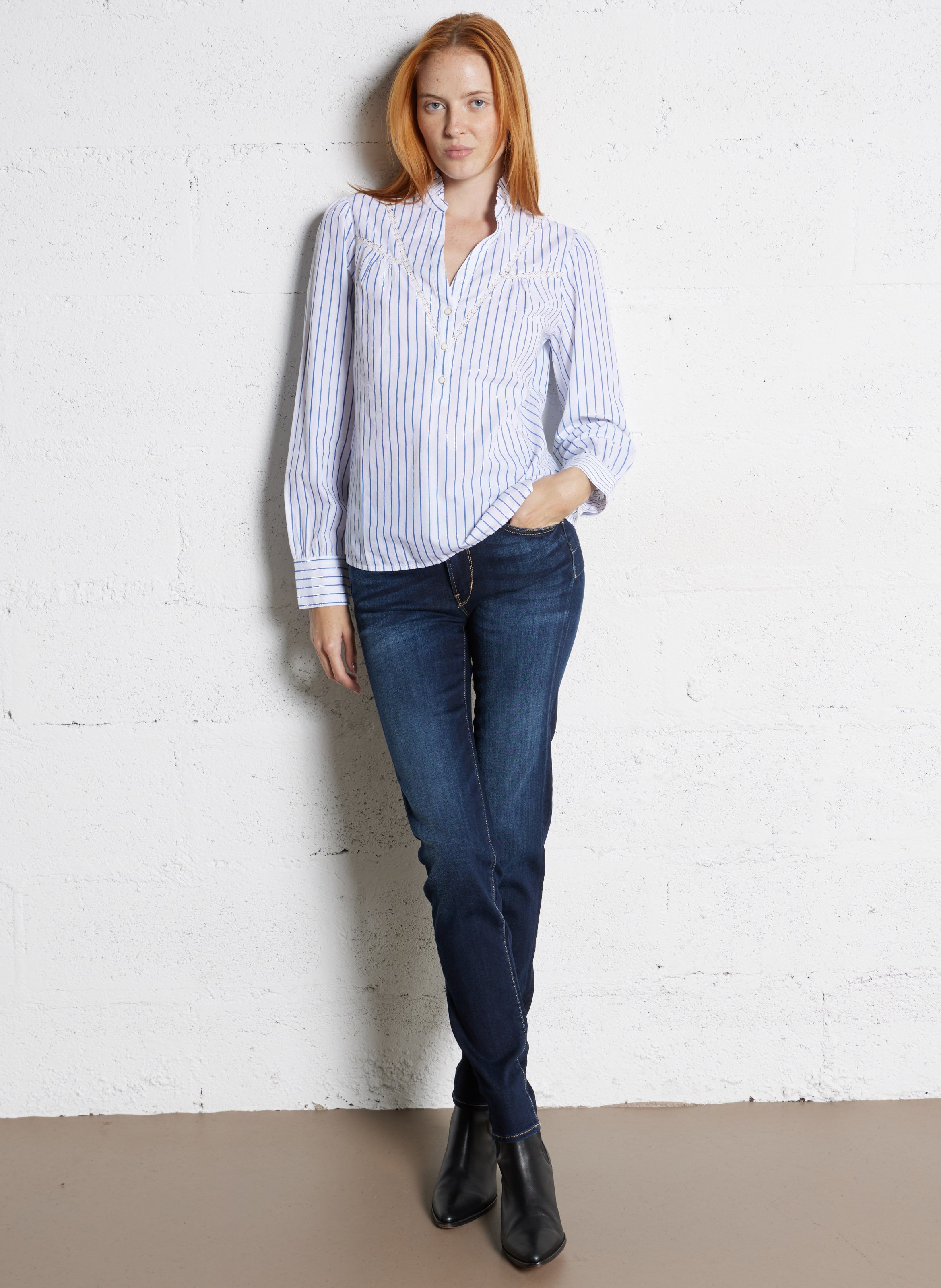Blouse col V en coton ONE STEP Bleu