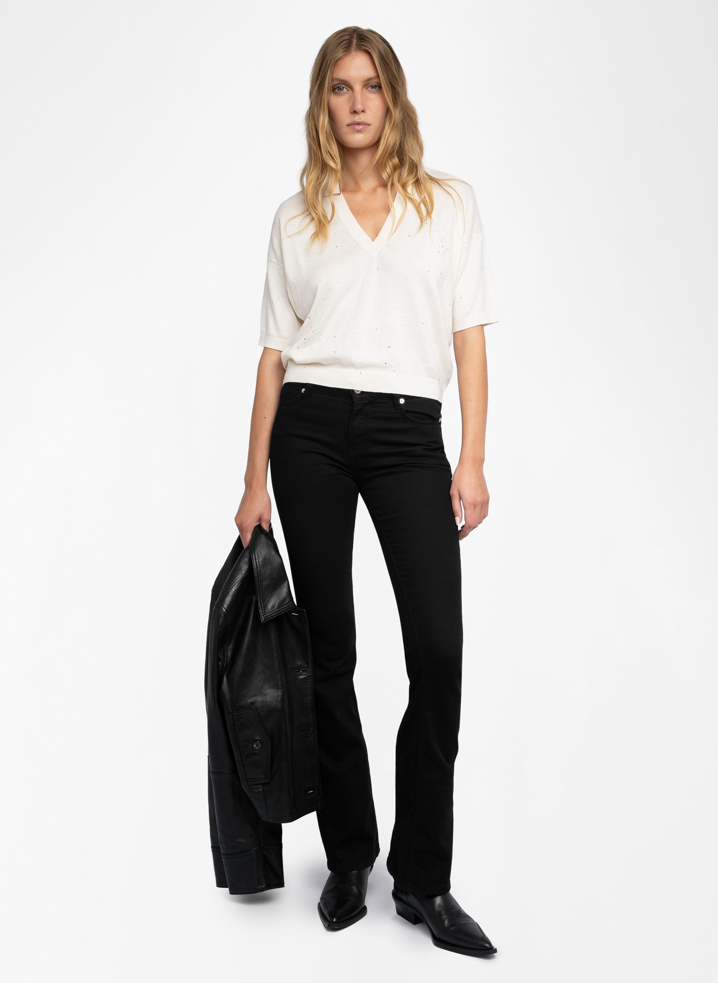 Top col V en lin et en coton mélangés ZADIG&VOLTAIRE Blanc