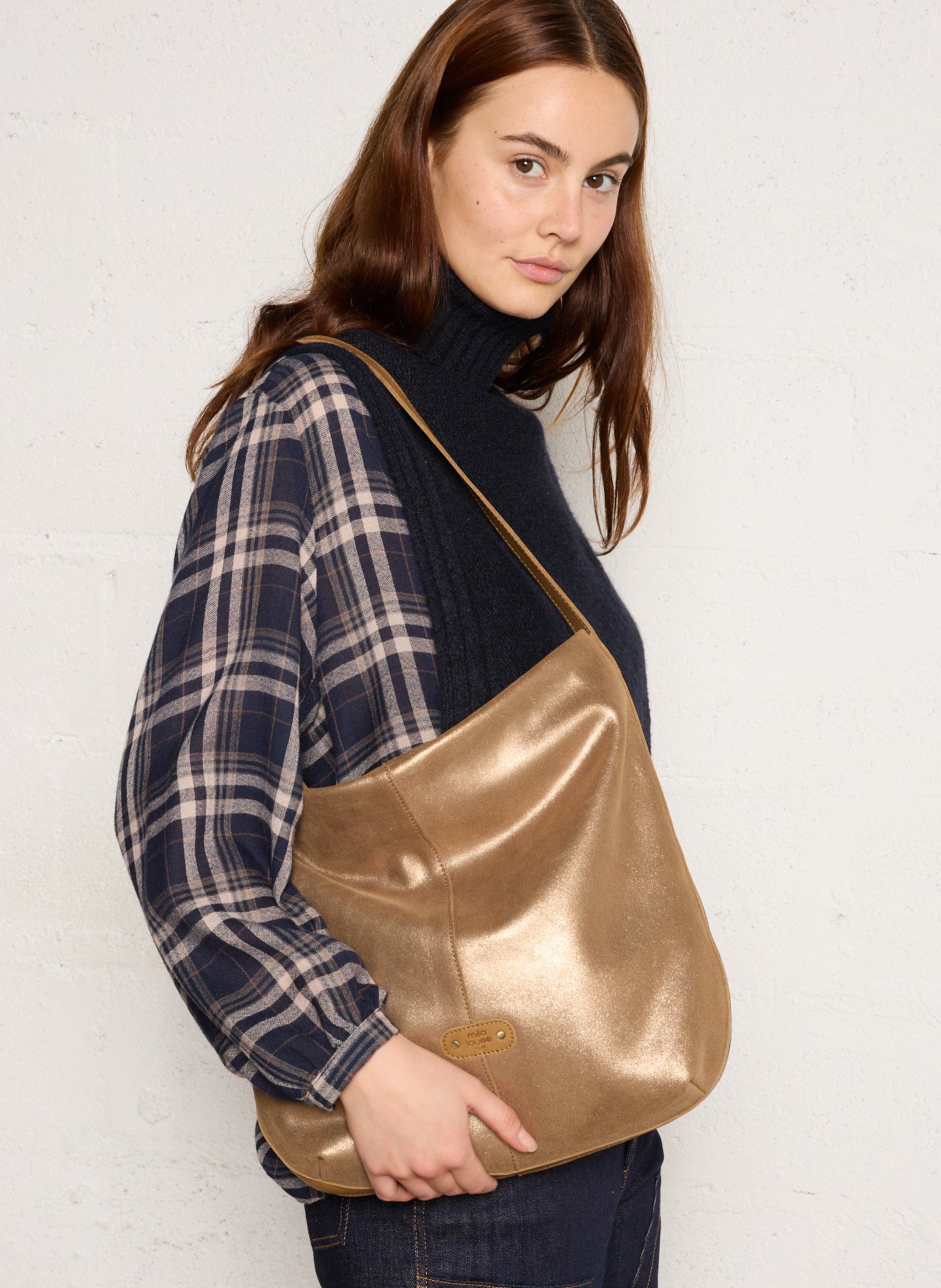 Sequined leather shoulder bag MILA LOUISE Brown