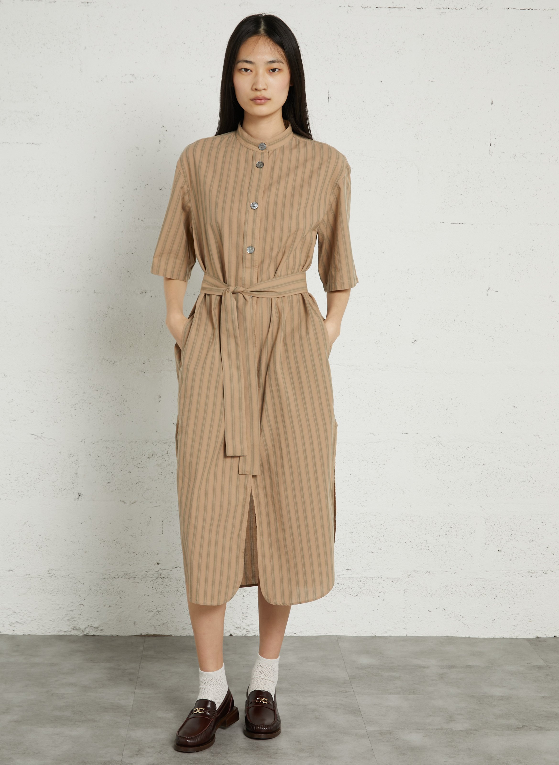 Midi-Kleid mit Mao-Kragen aus Baumwolle SOEUR Beige