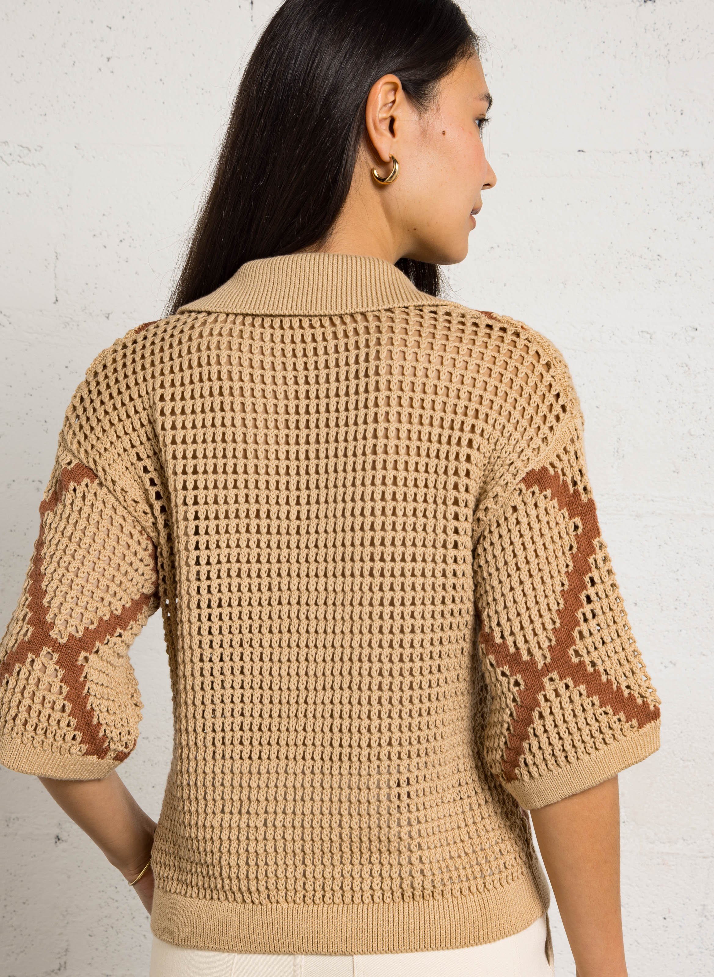 Polo à motif en maille ajourée Beige