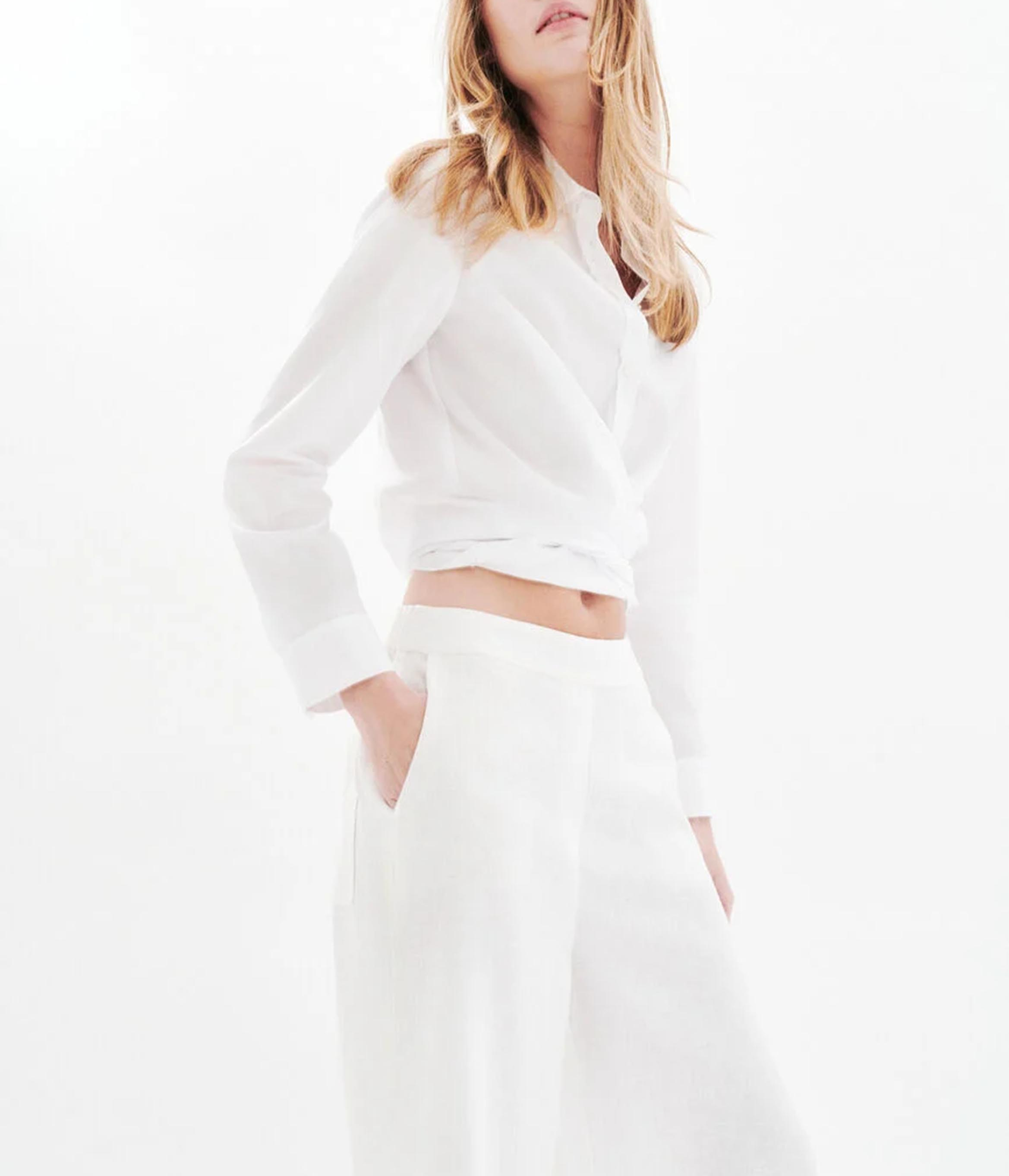 High-waisted wide-leg linen pants CAROLL White