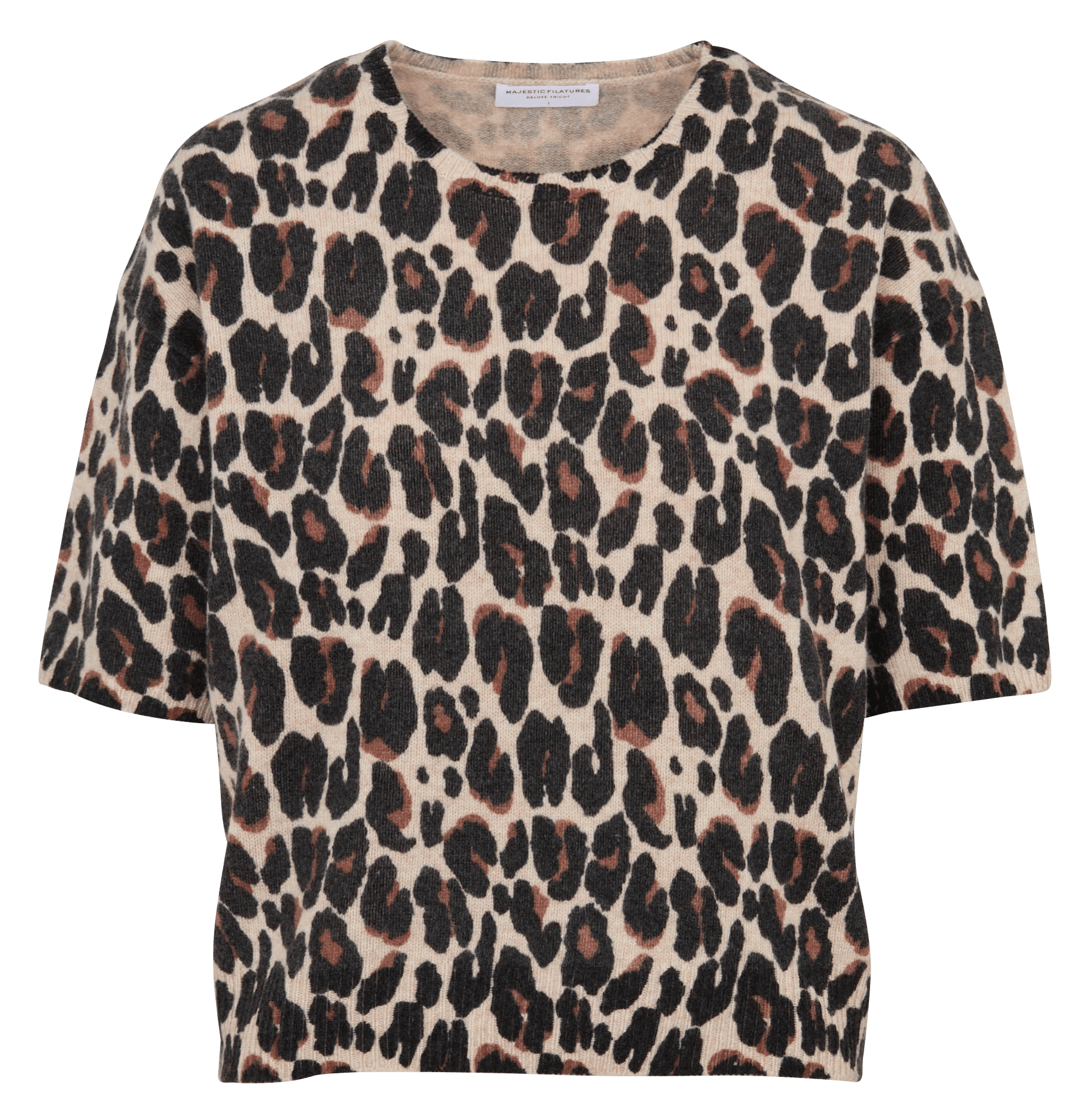 Pull droit col rond motif léopard en laine MAJESTIC FILATURES Beige