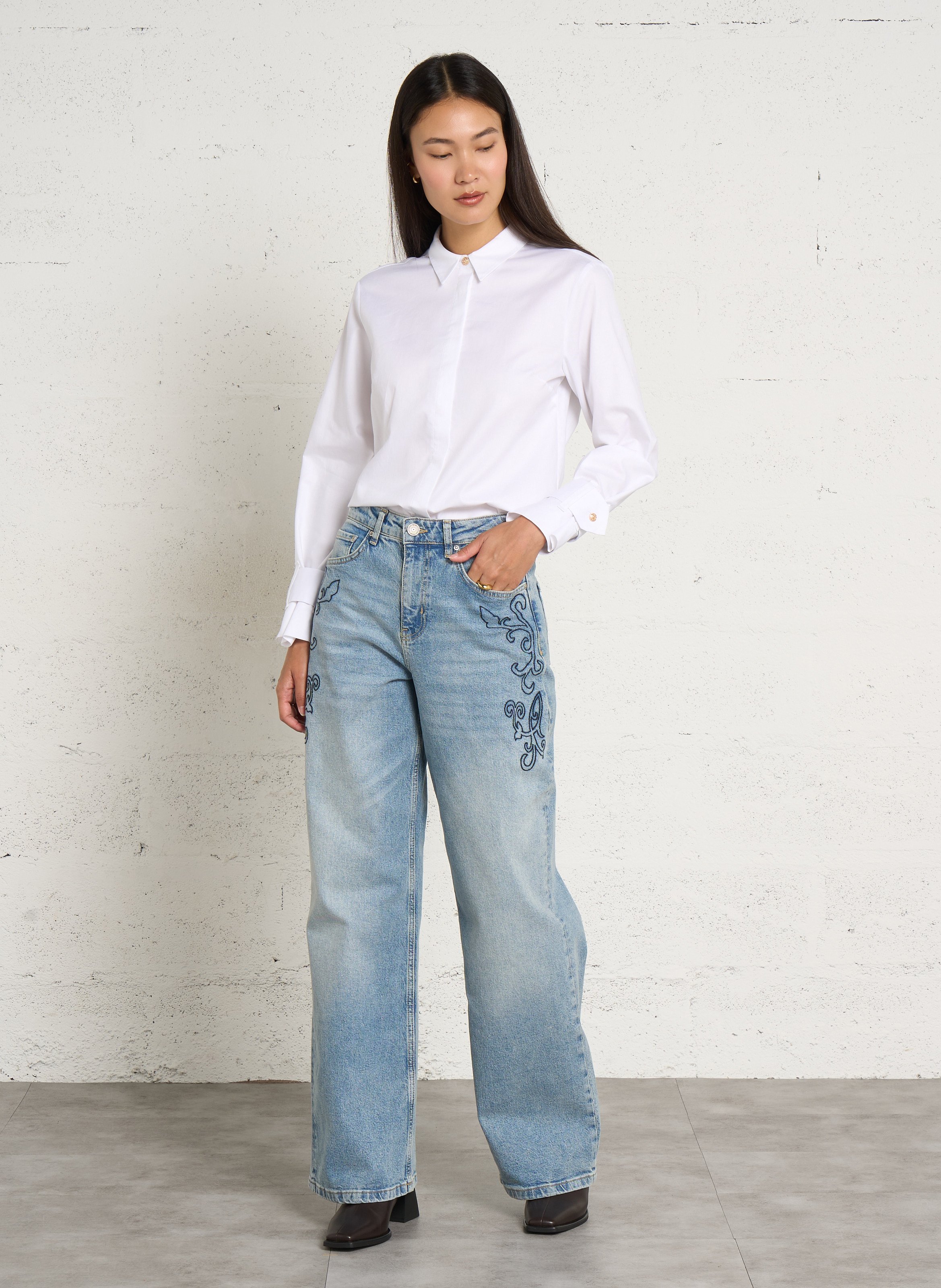 Jeans large à broderie en coton SUD EXPRESS Bleu
