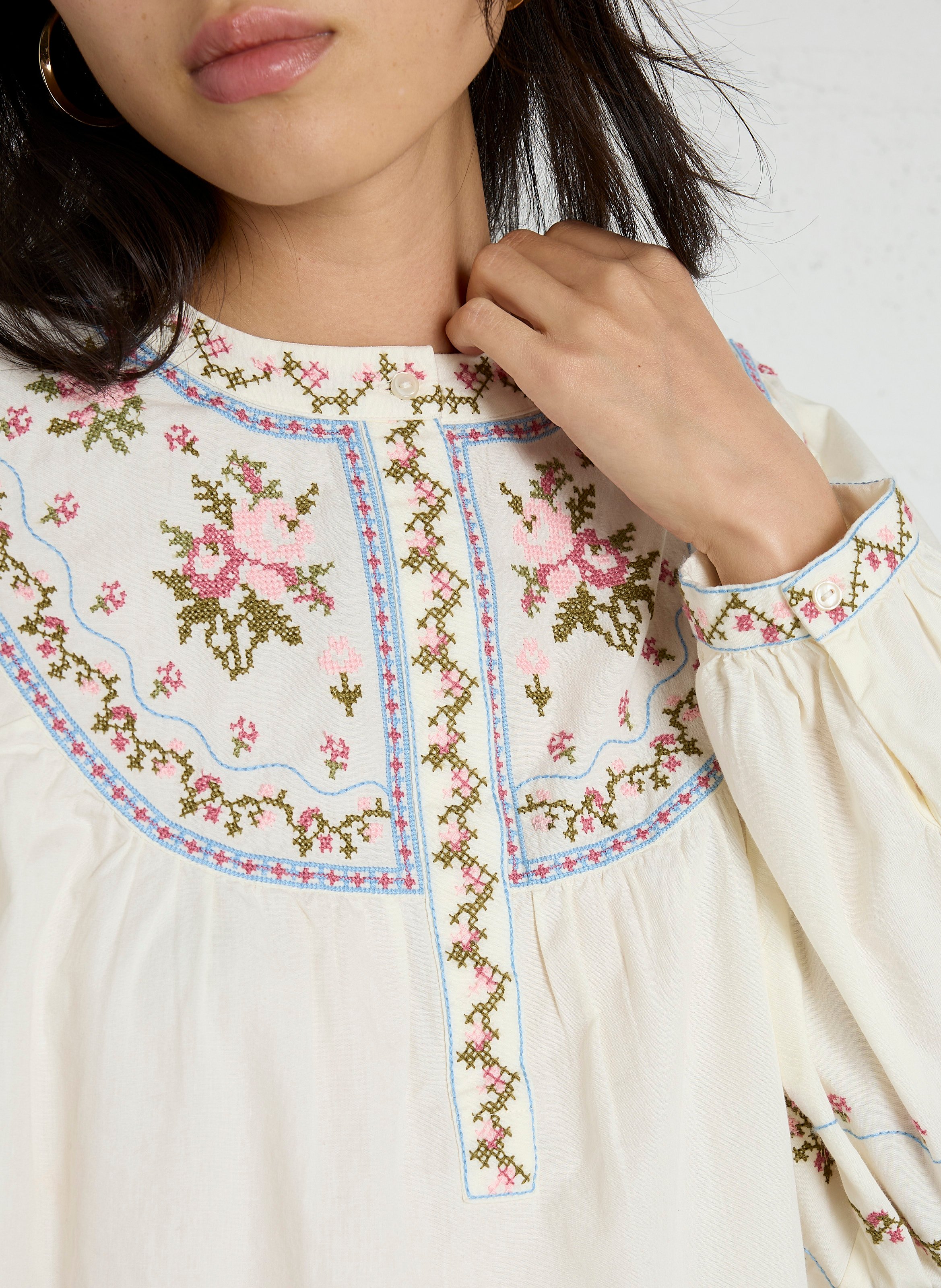 Chemisier ample col rond à broderie fleurie en coton SUD EXPRESS Blanc