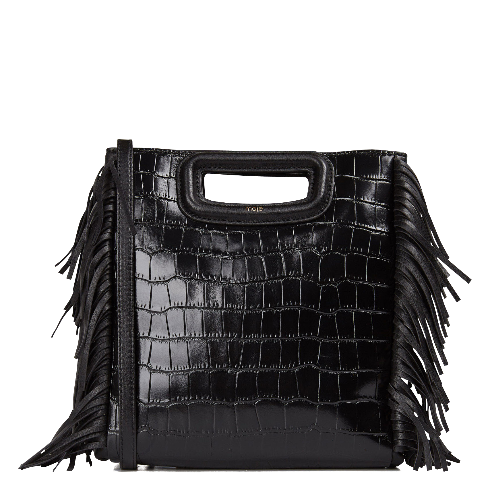 Sac bandoulière à franges en cuir aspect croco MAJE Noir