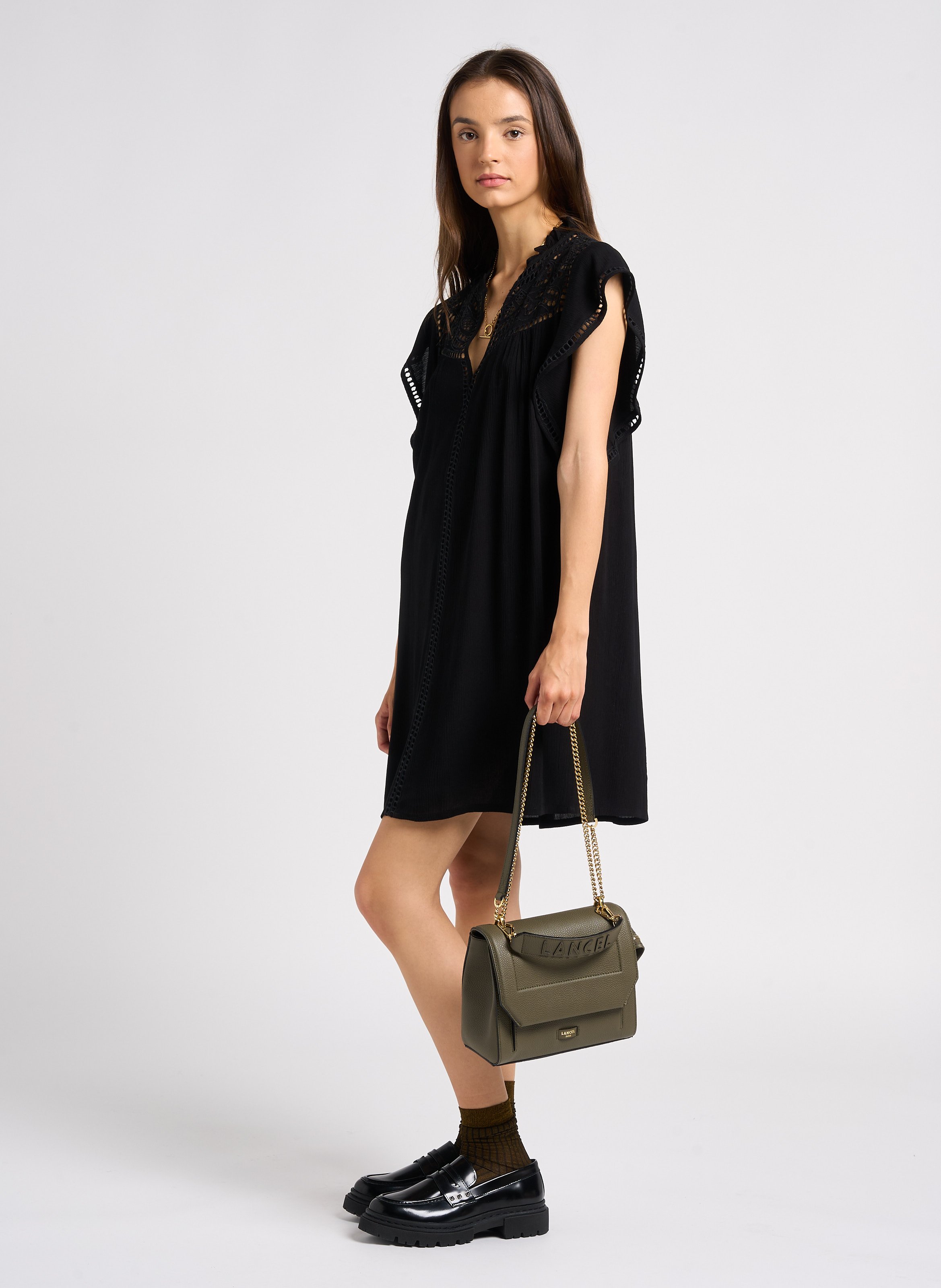 Sac à rabat en cuir grainé LANCEL Kaki