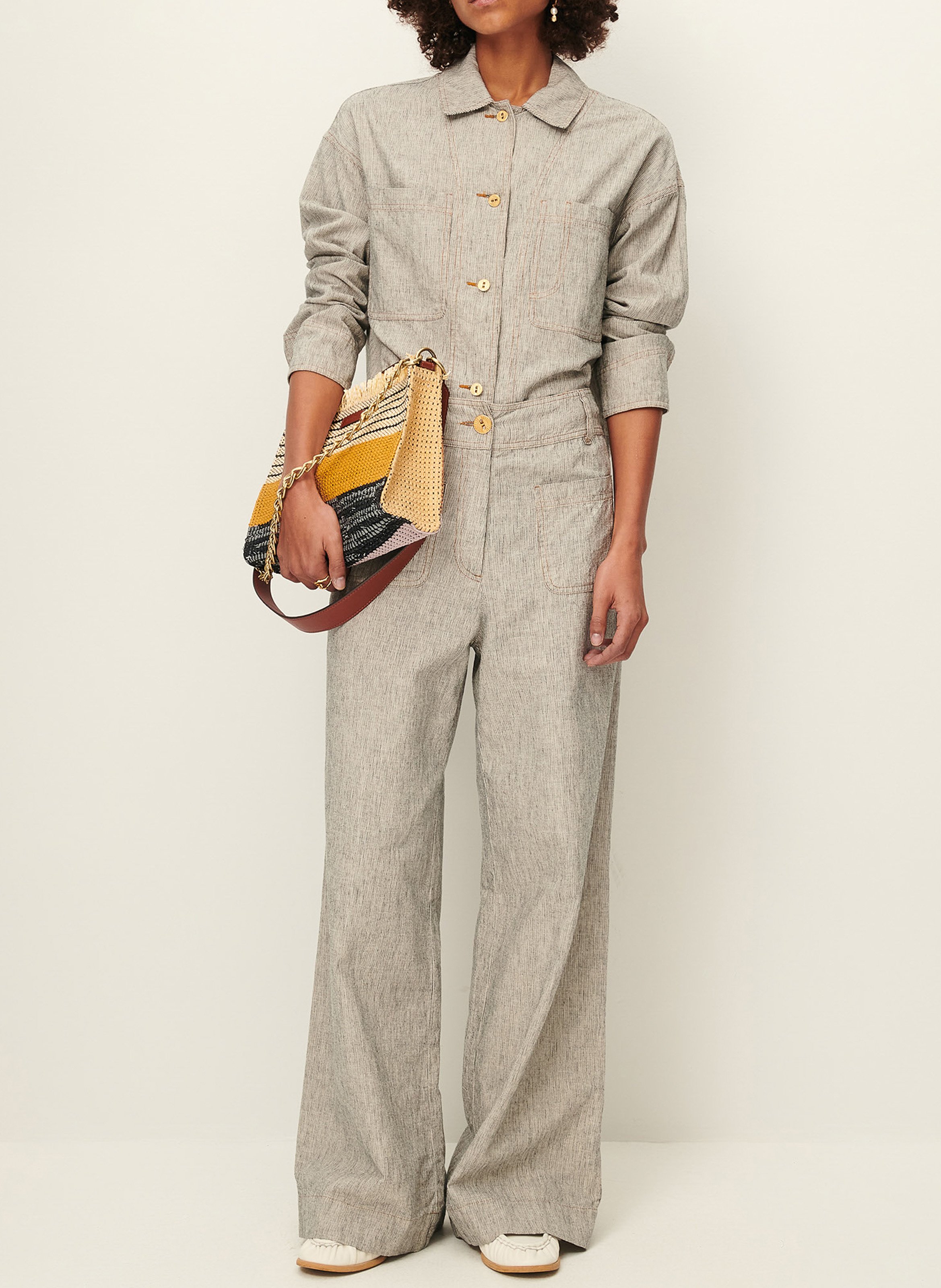 High-waisted wide-leg linen- and cotton-blend pants SESSUN Grey