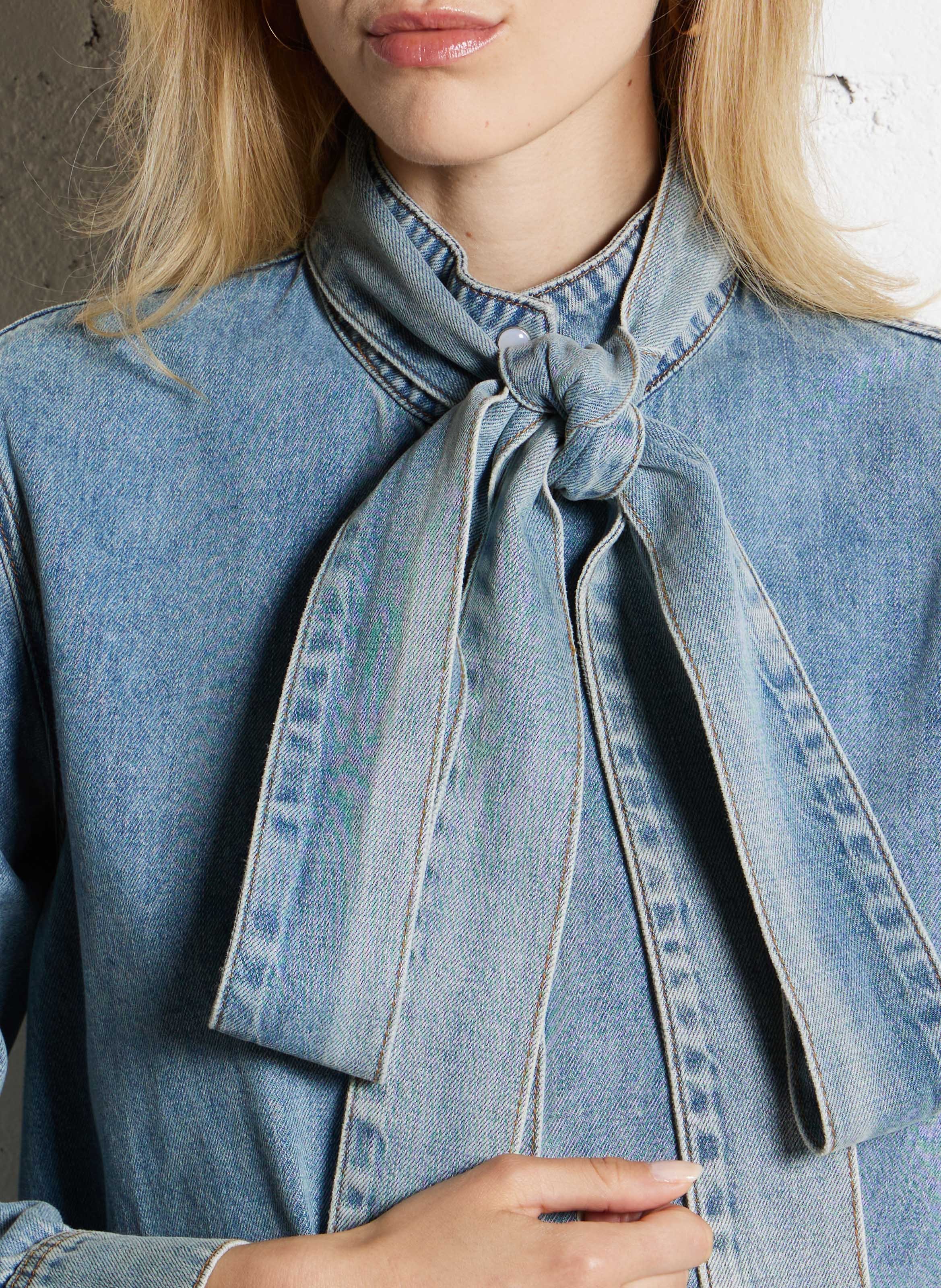 Blouse droite à écharpe en denim SUNCOO Bleu
