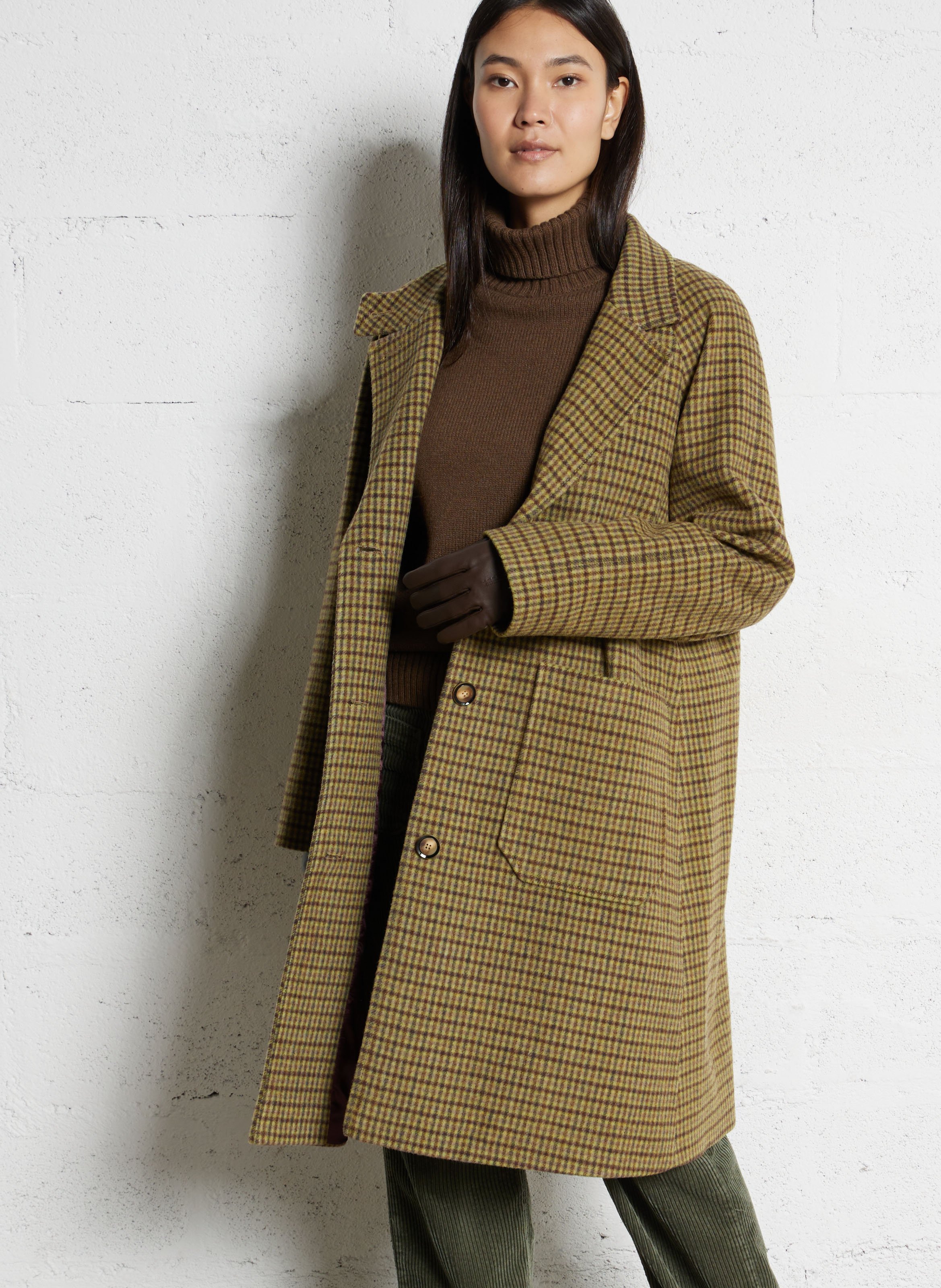 Manteau mi-long à carreaux en laine mélangée BENSIMON Kaki