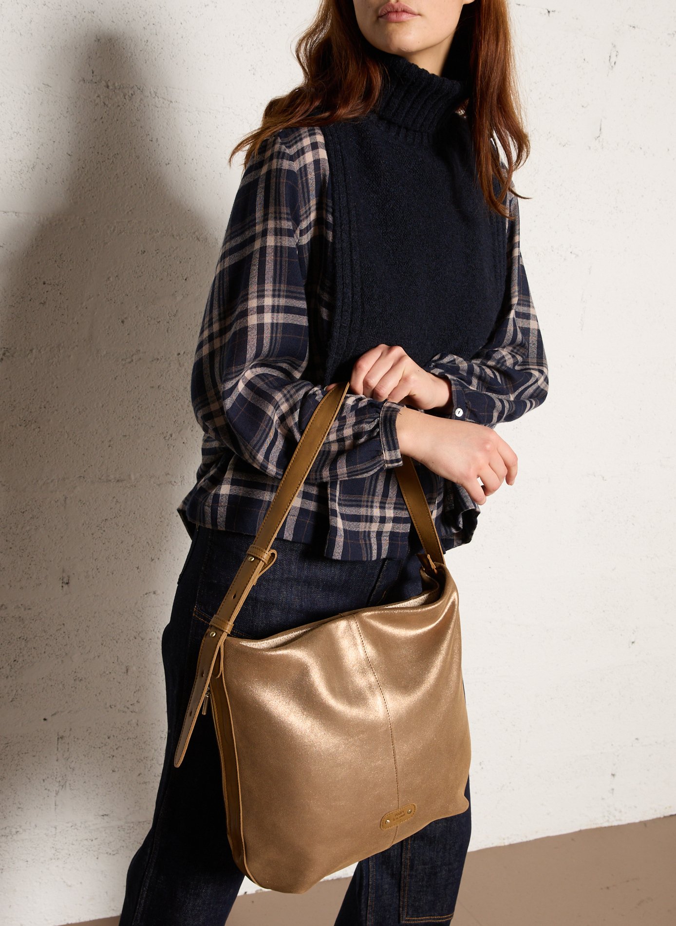 Sequined leather shoulder bag MILA LOUISE Brown