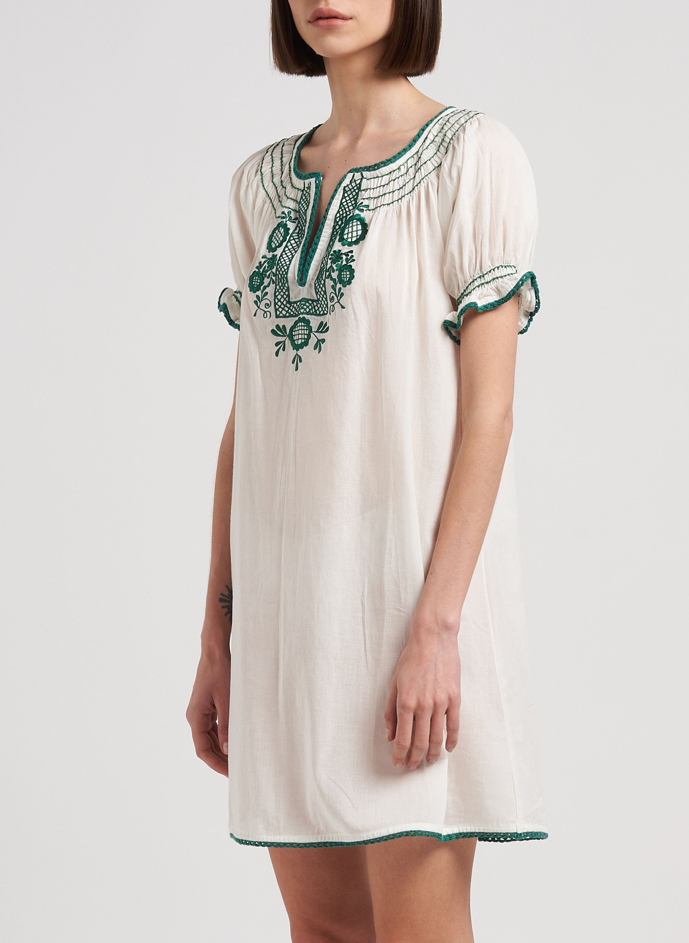 Korte, katoenen jurk met borduursel en tuniekhals GERMAINE DES PRES Groen