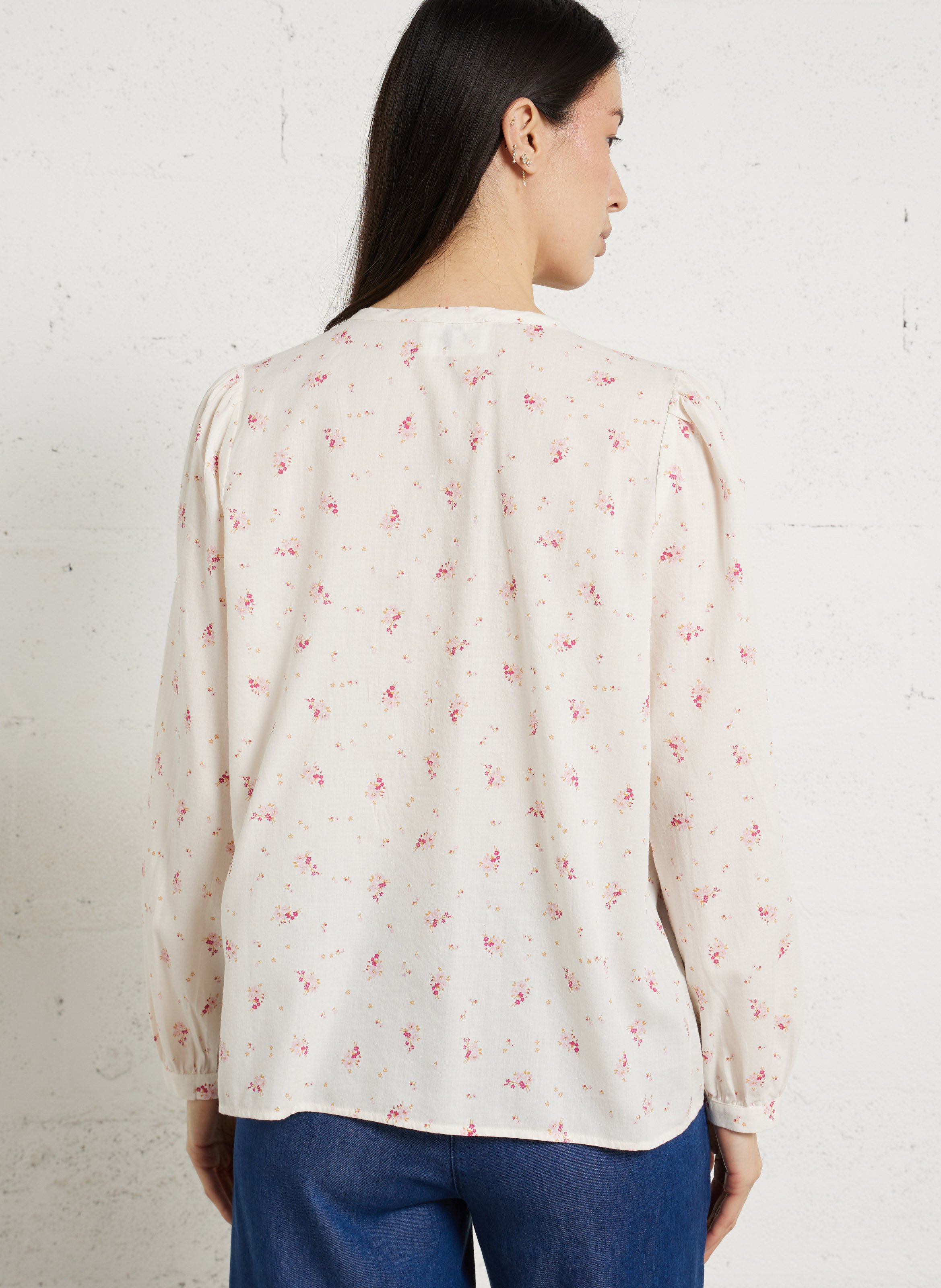 Blouse droite col rond imprimé fleuri en coton DES PETITS HAUTS Blanc