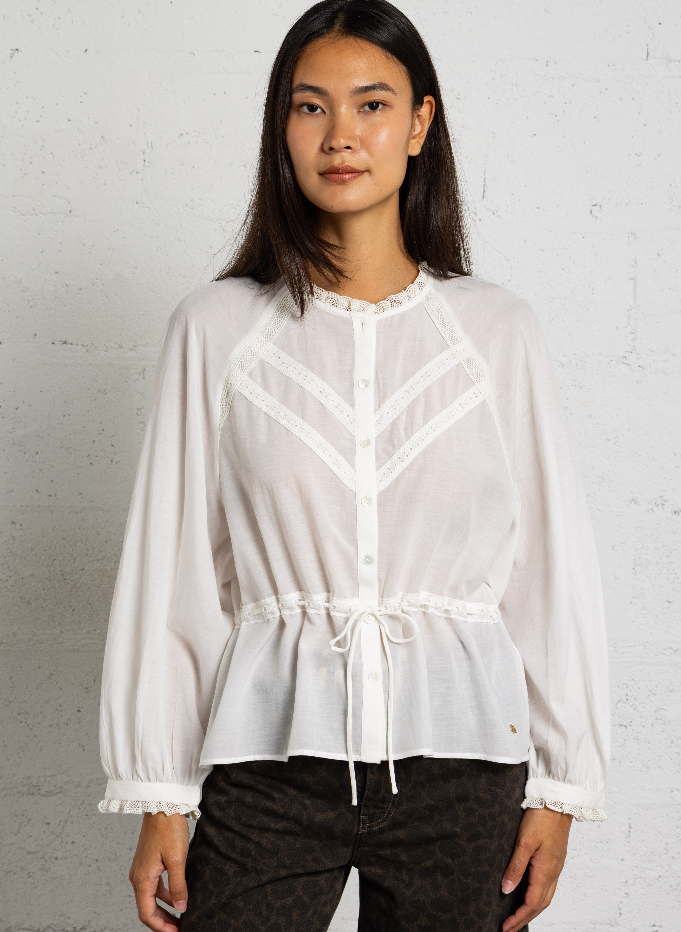 Blouse ample col brodé en coton mélangé DES PETITS HAUTS Beige