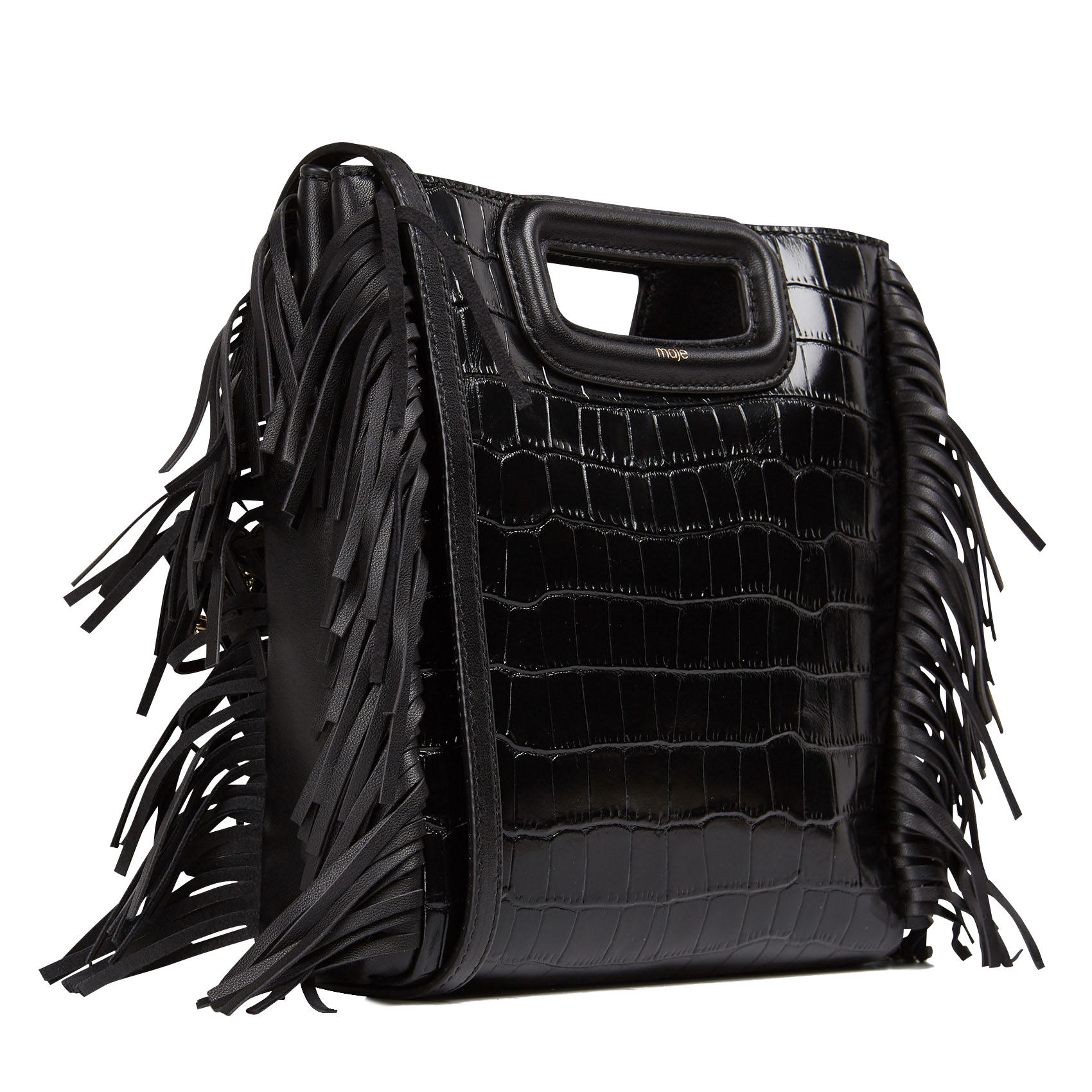 Sac bandoulière à franges en cuir aspect croco MAJE Noir