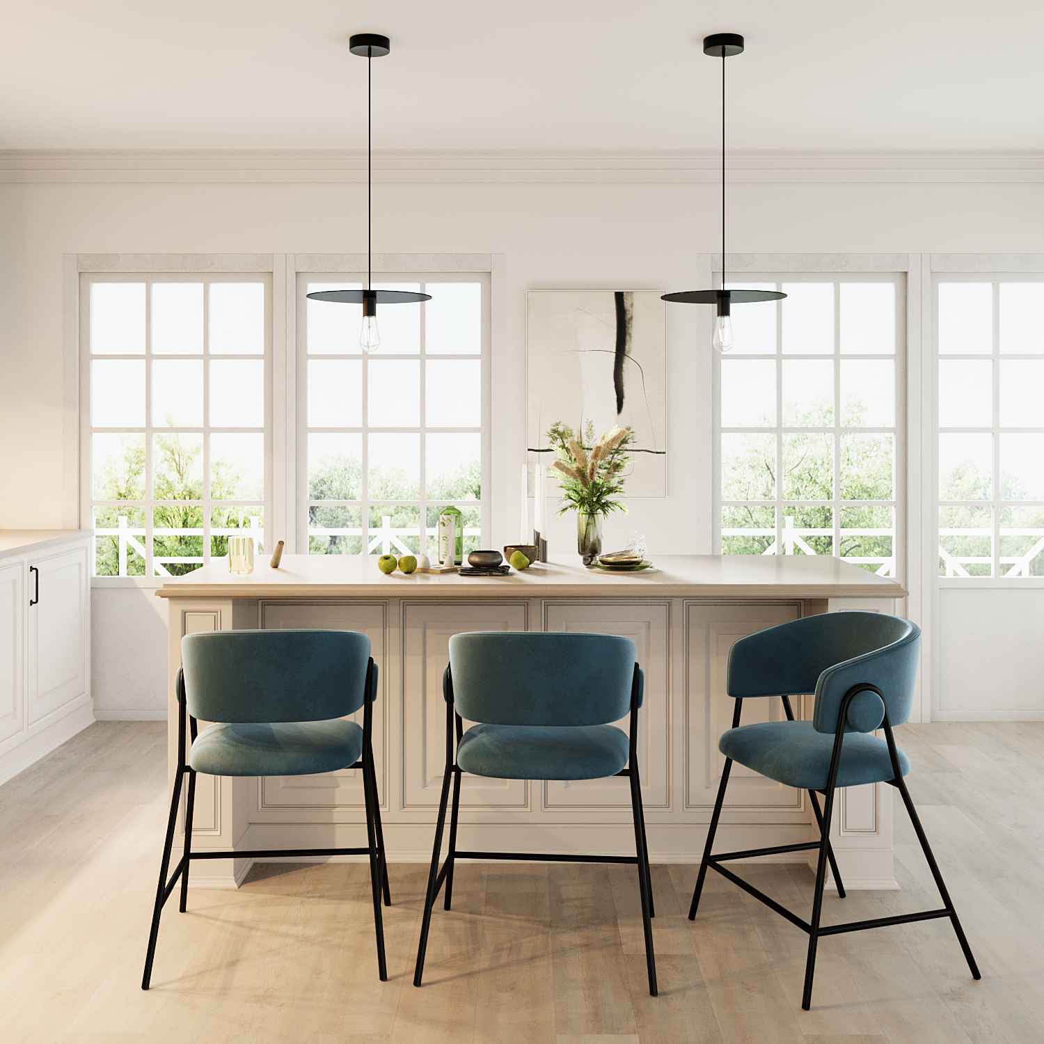 Set of 2 bar stools with backrest, velvet POTIRON PARIS Blue