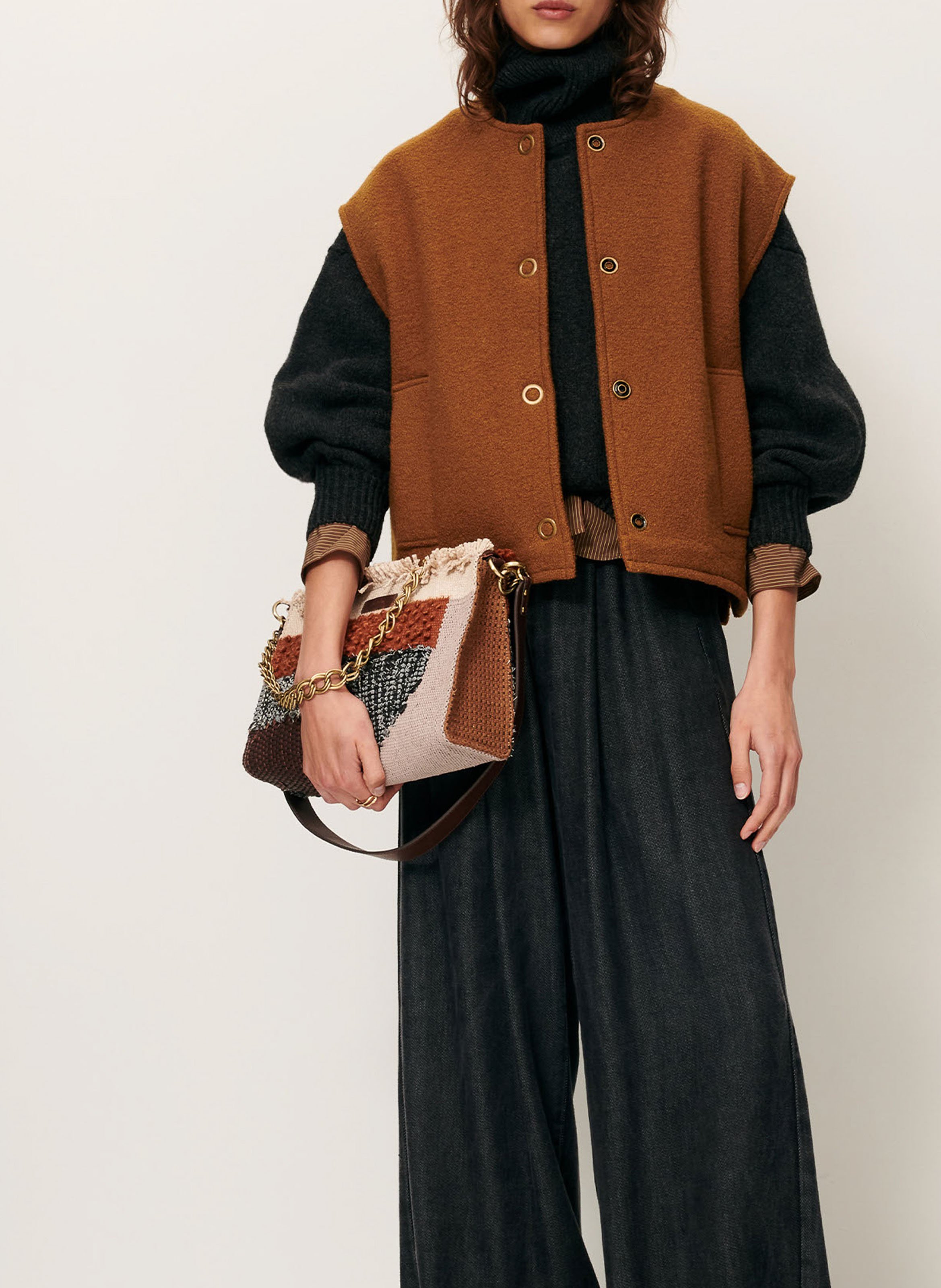 Straight round-neck wool cardigan SESSUN Brown