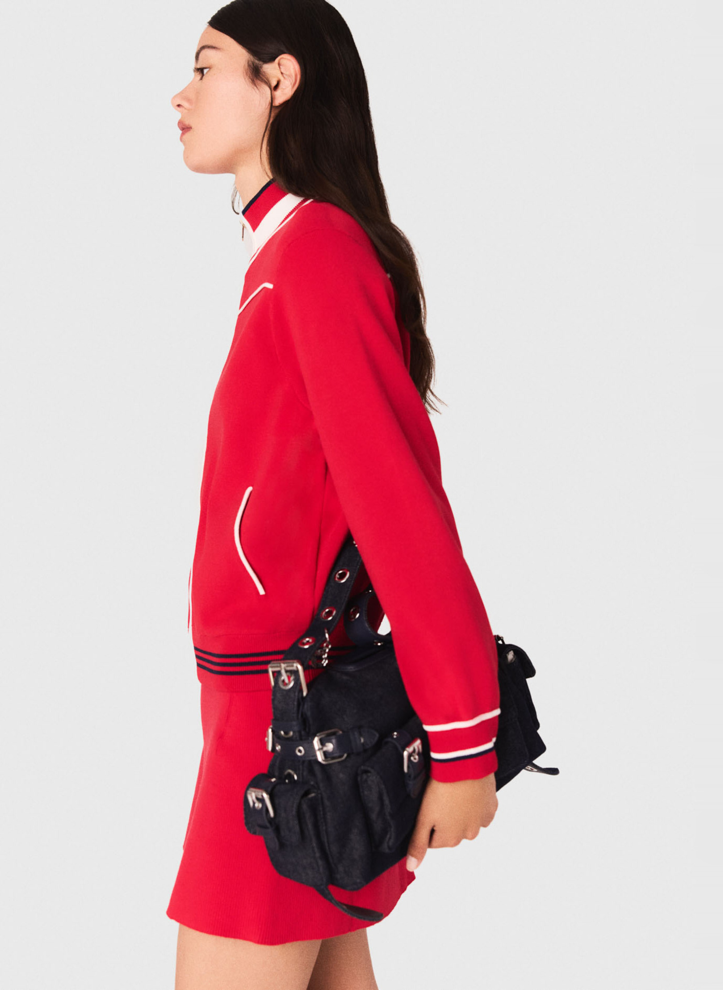 Striped Solid Zip-Up Jacket MAJE Red