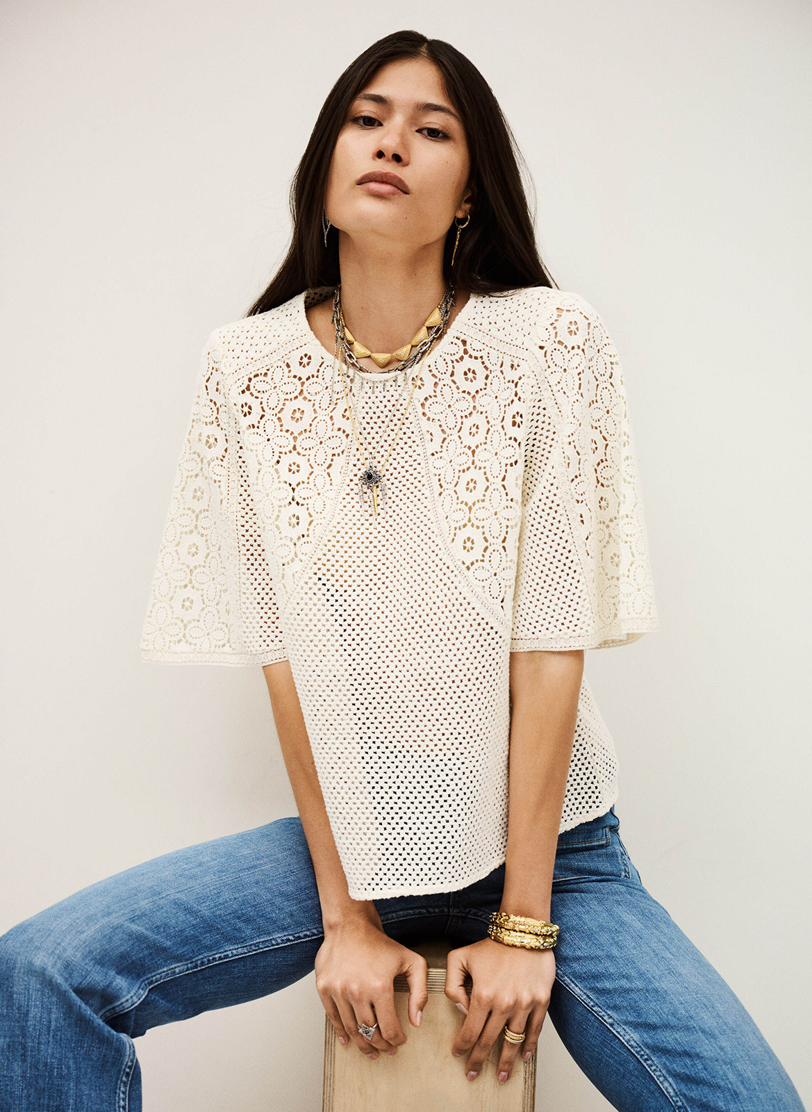 Top droit en maille ajourée fantaisie BA&SH Beige