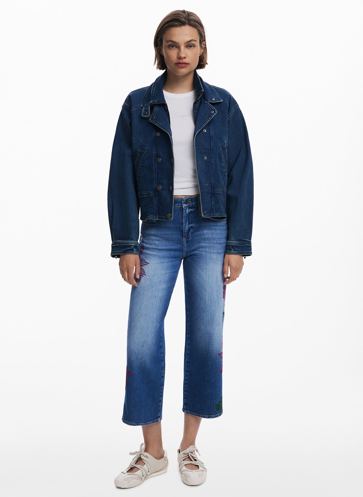 Jean cropped large uni à broderies DESIGUAL Bleu