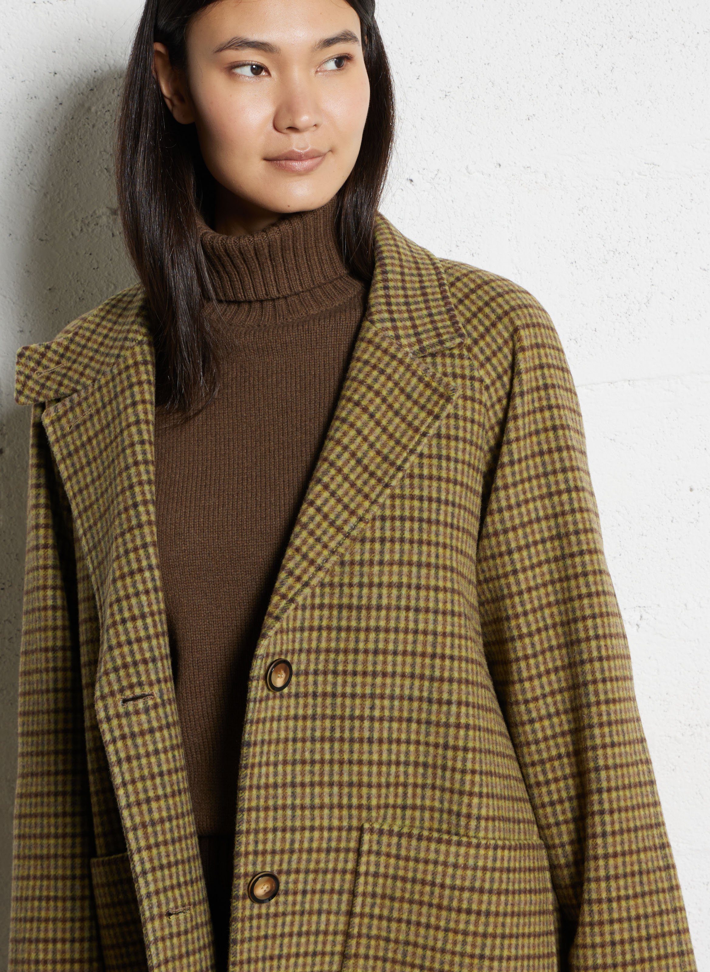 Manteau mi-long à carreaux en laine mélangée BENSIMON Kaki