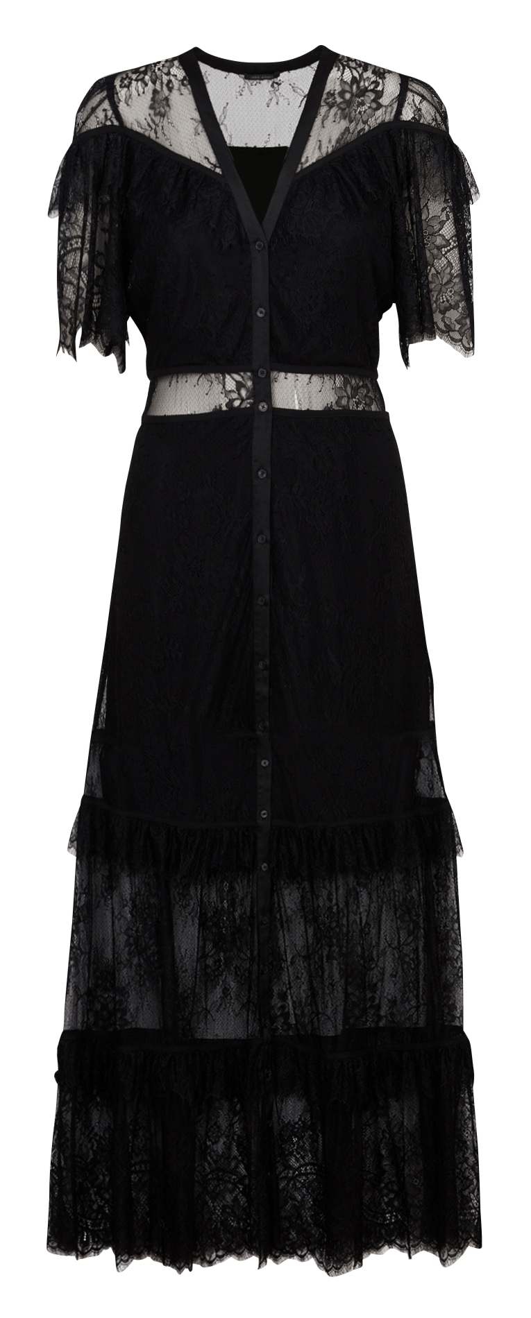 Lange jurk met V-hals en kanten ruches. IKKS Zwart