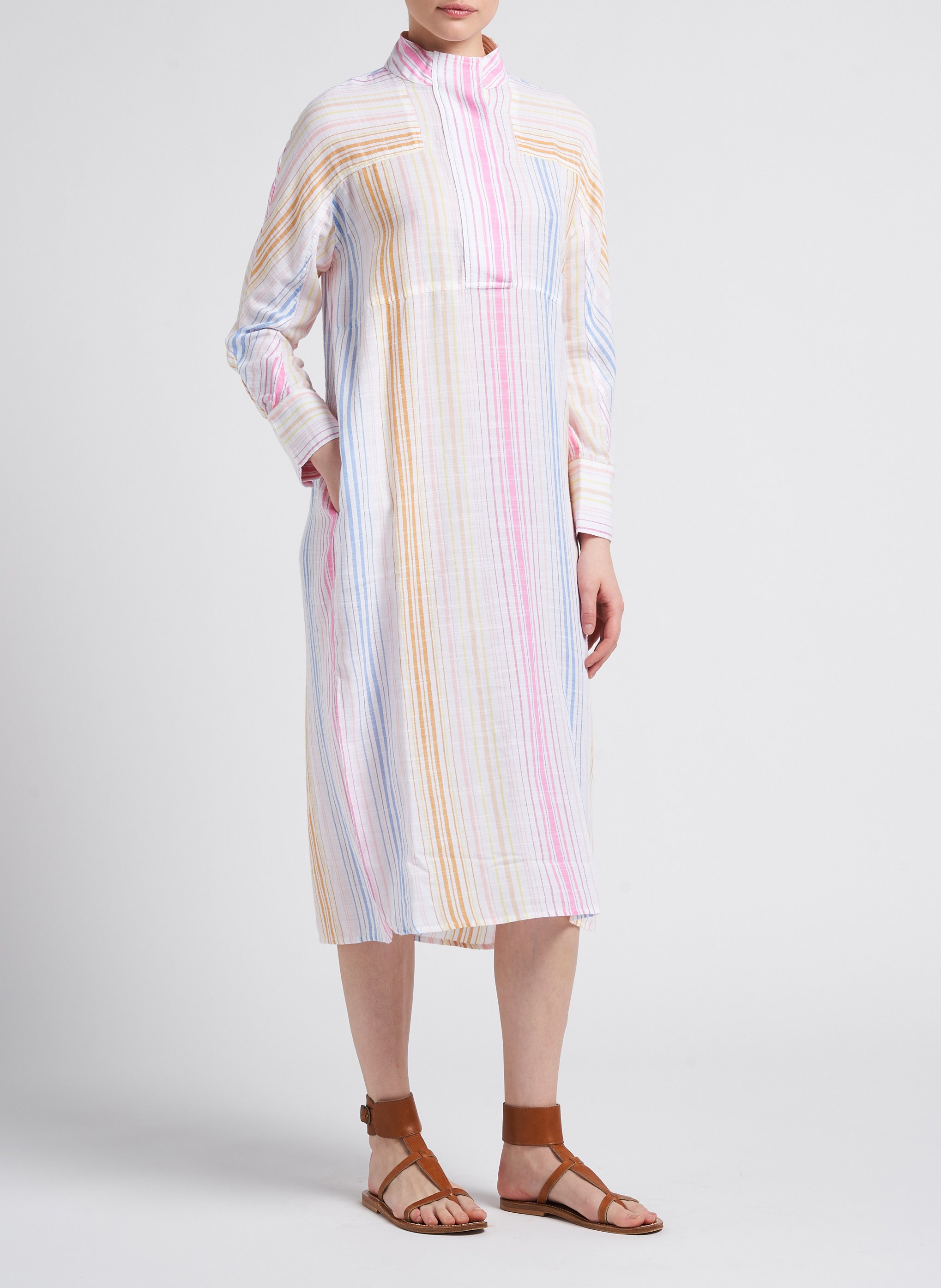 Lange, wijde jurk van linnen met strepen V DE VINSTER Gestreepte