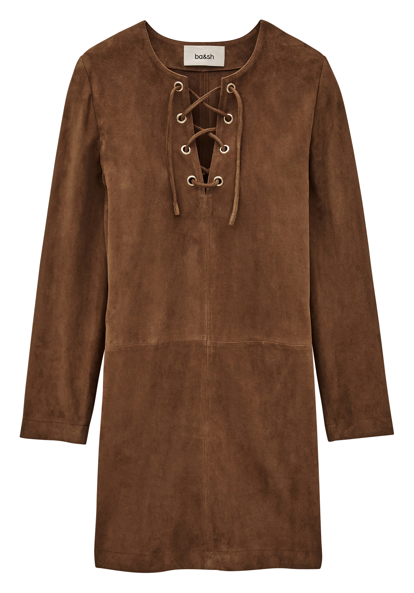 <em>Jurk met korte Tunesische kraag van fluweel leer</em> BA&SH Bruin