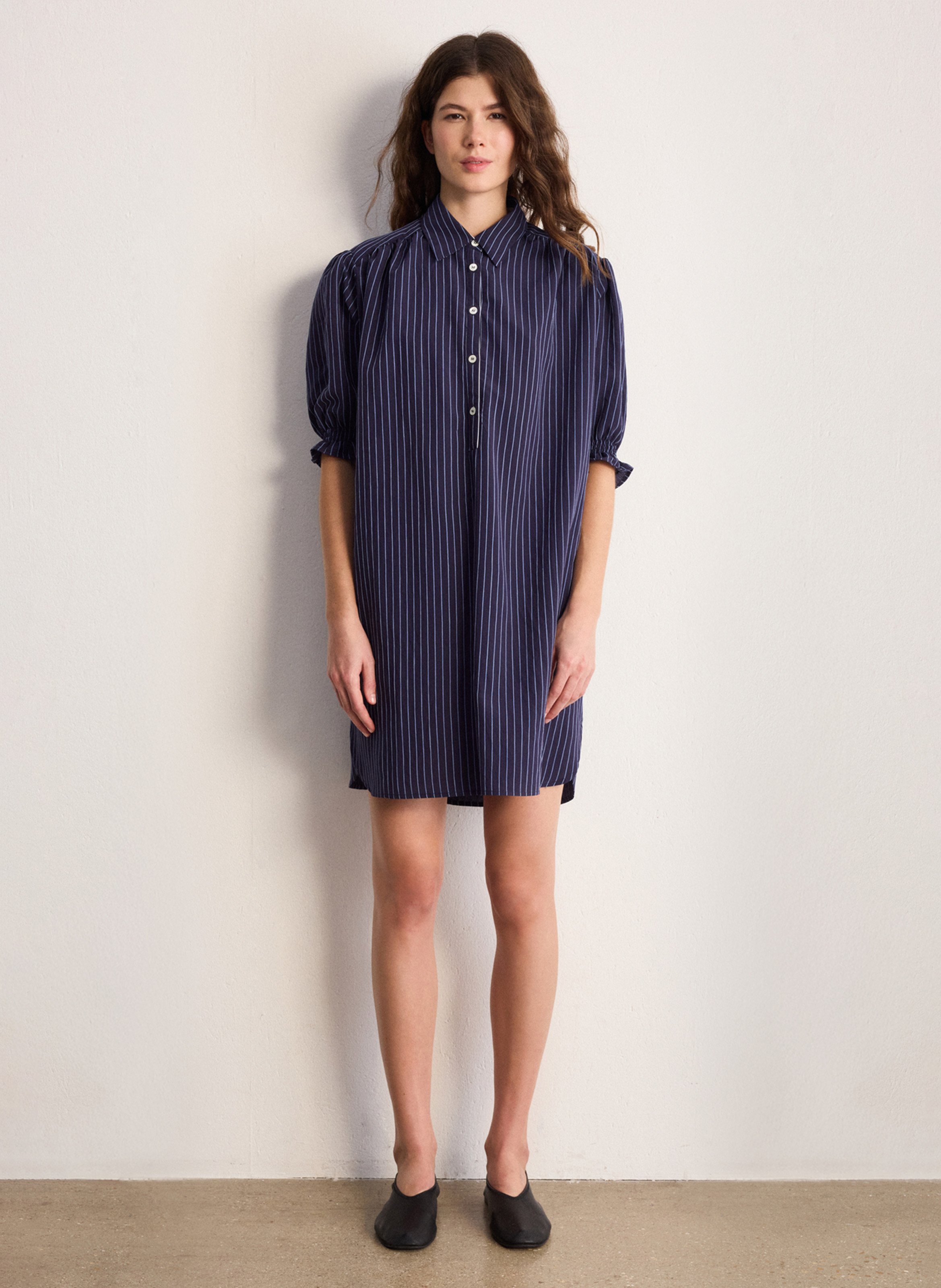 Short striped dress with classic collar PABLO Blue