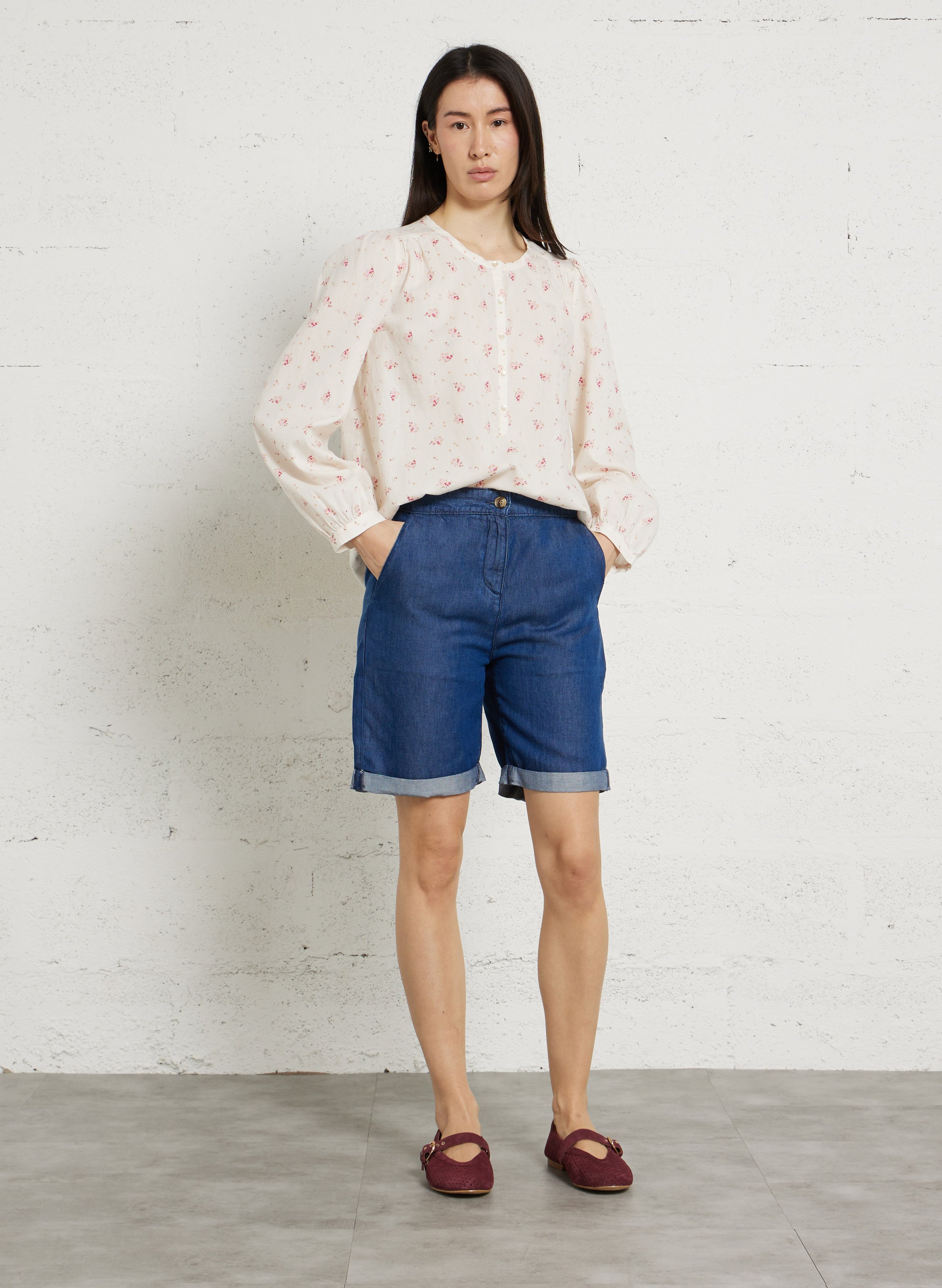 Blouse droite col rond imprimé fleuri en coton DES PETITS HAUTS Blanc